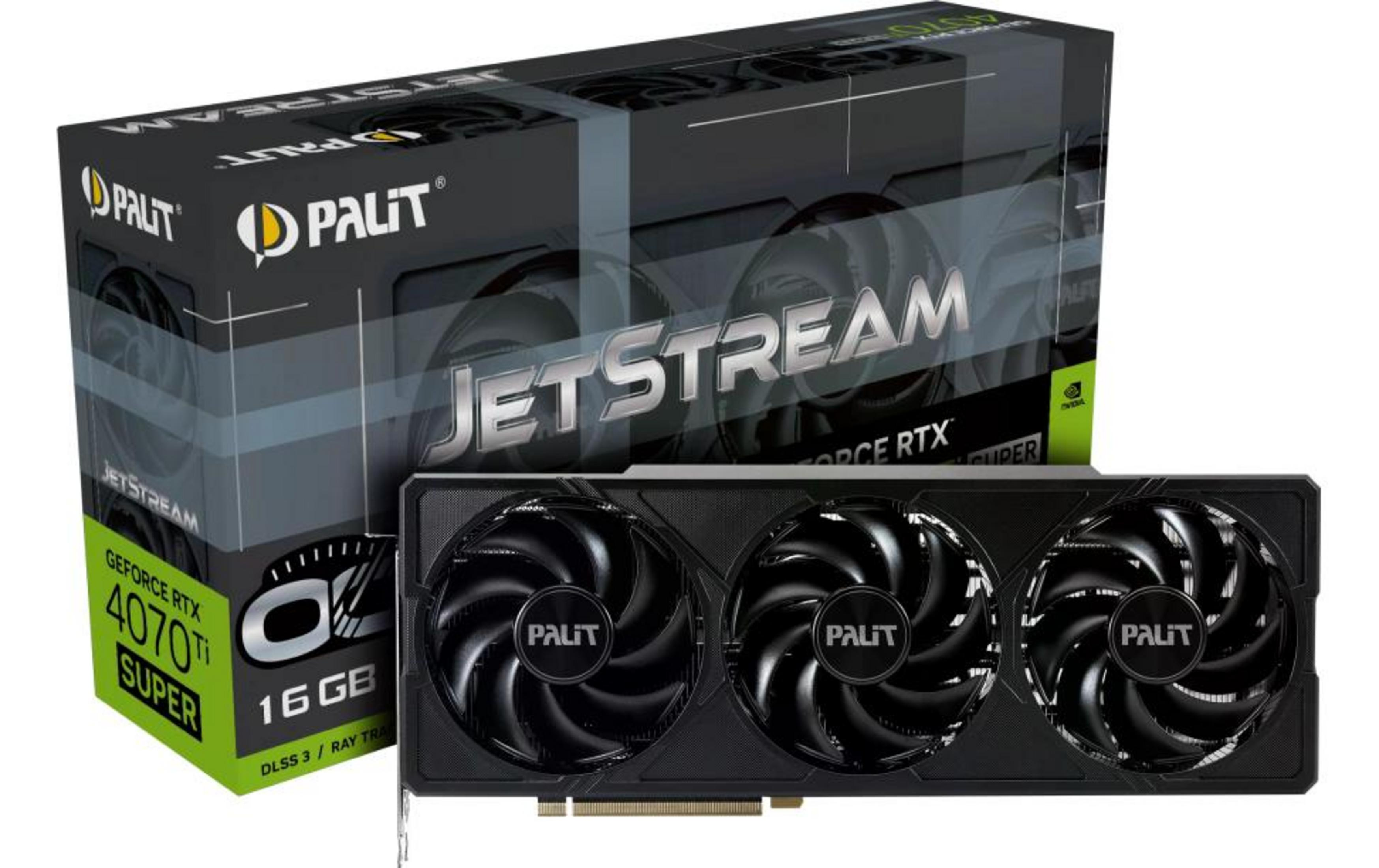 Scheda grafica Palit Jetstream con 3 ventole e confezione. GeForce RTX 4070 Ti Super.