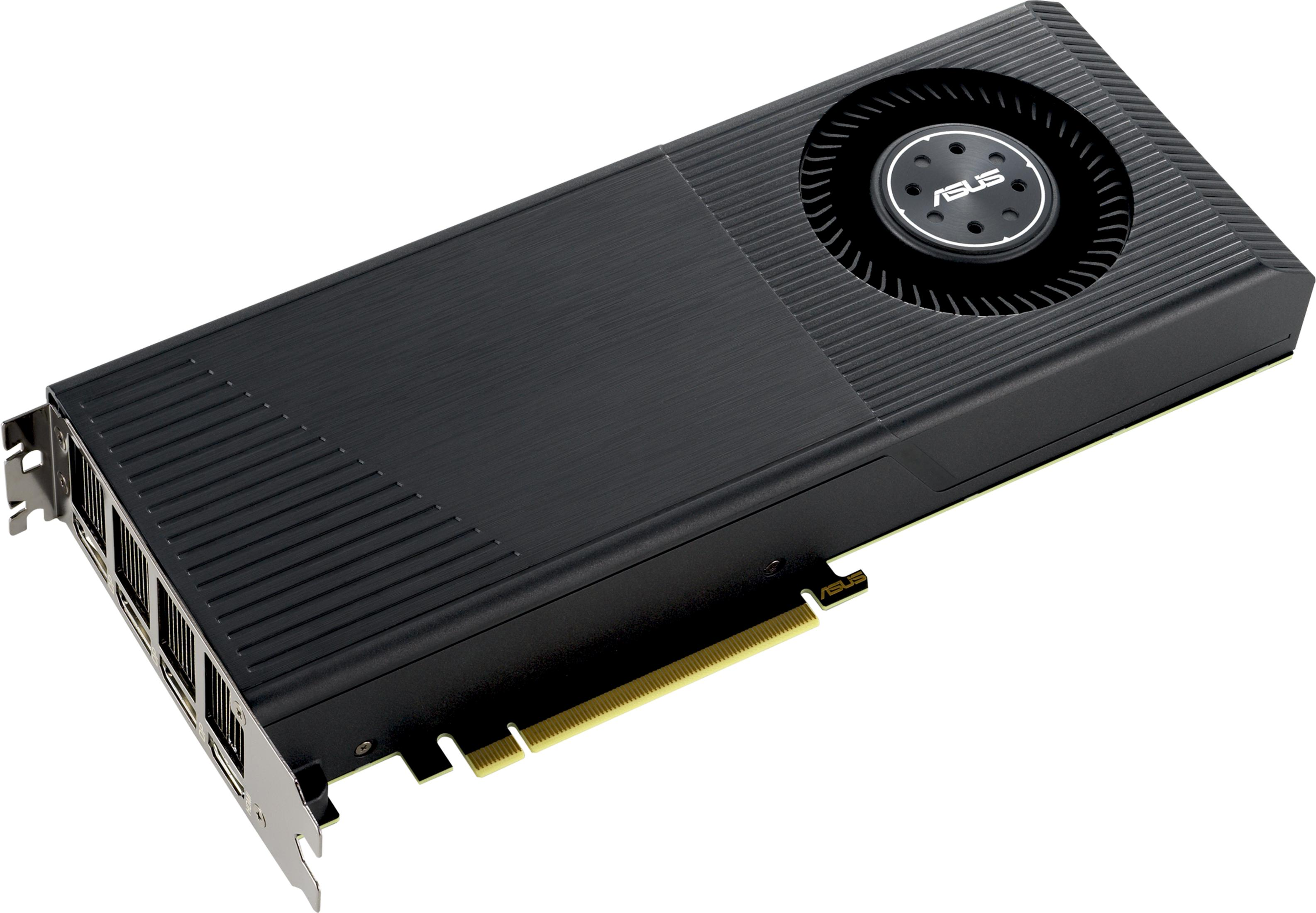 Scheda grafica ASUS nera con ventola e connettori argentati su sfondo bianco.