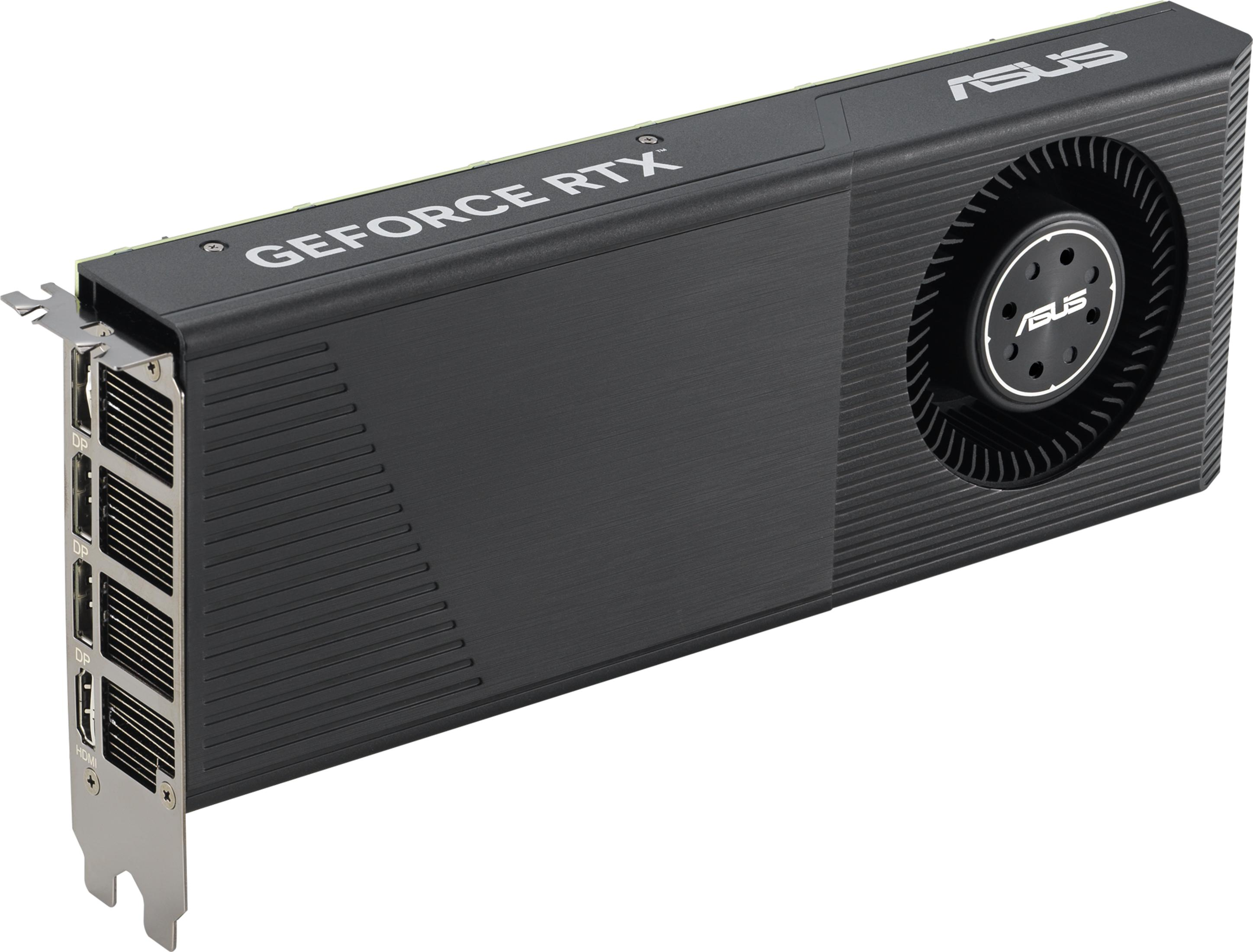 Una scheda grafica ASUS GeForce RTX nera con ventola e porte.