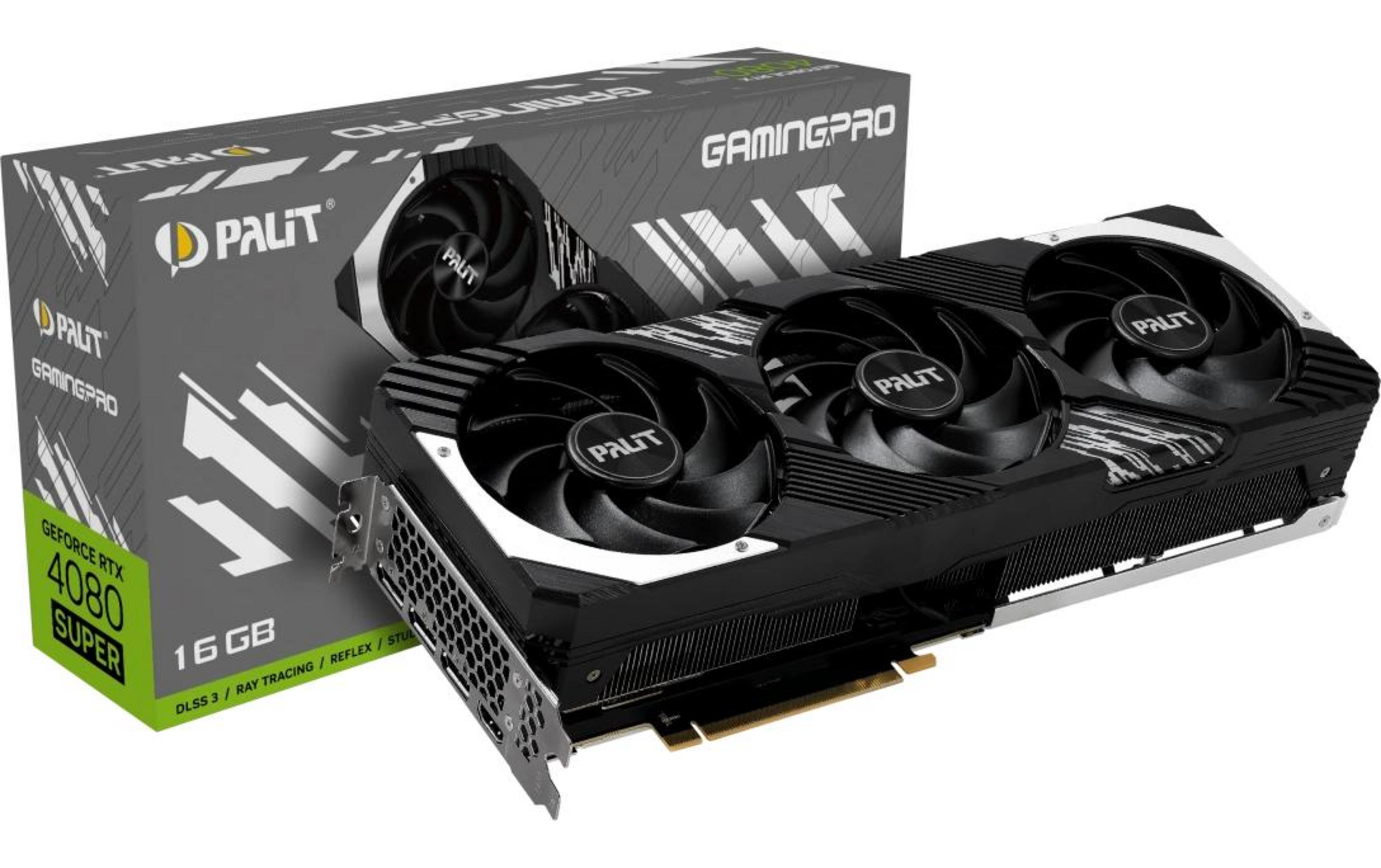 Una scheda grafica Palit RTX 4080 Super GamingPro a tre ventole e la sua scatola.