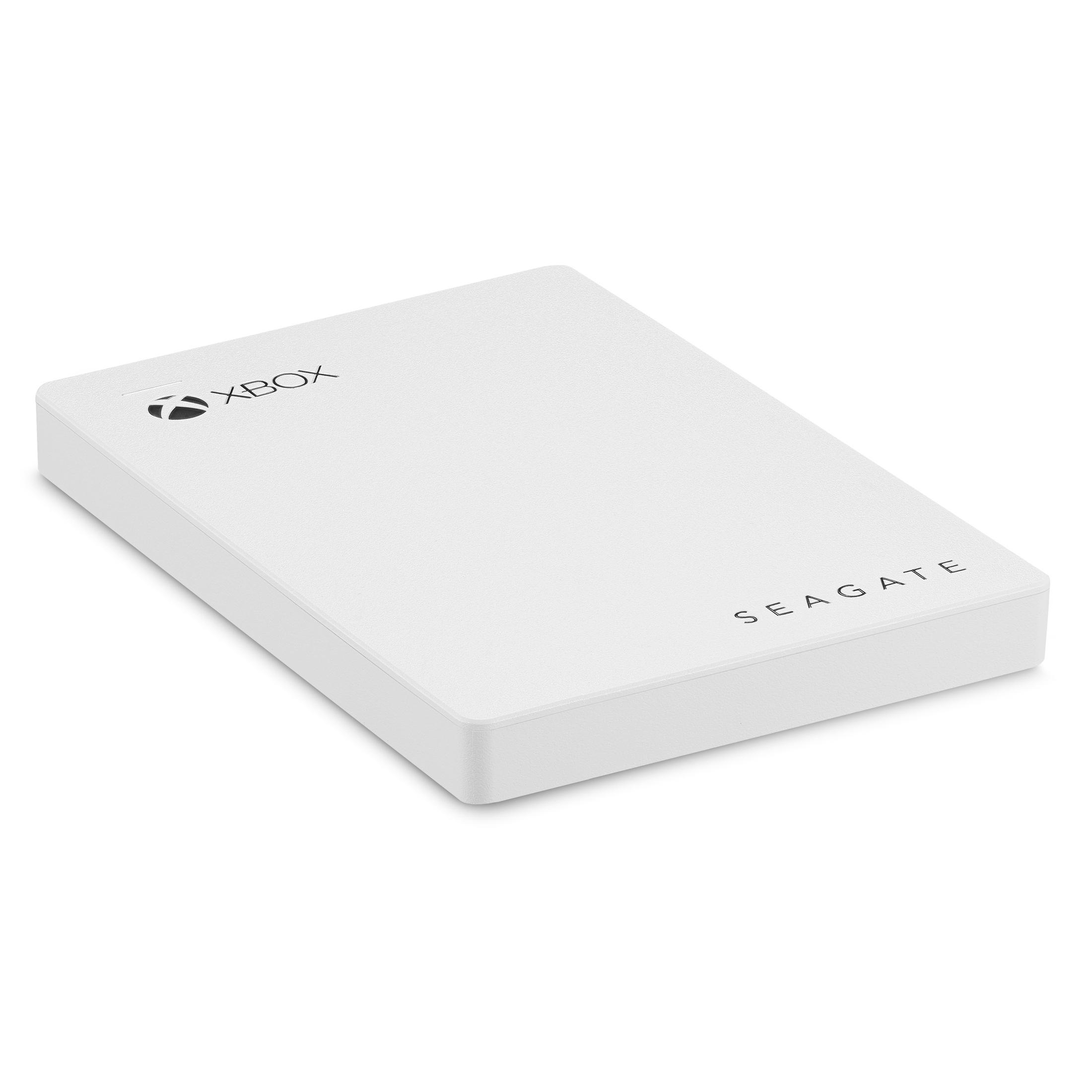 Weiße externe Festplatte mit Xbox- und Seagate-Logo.