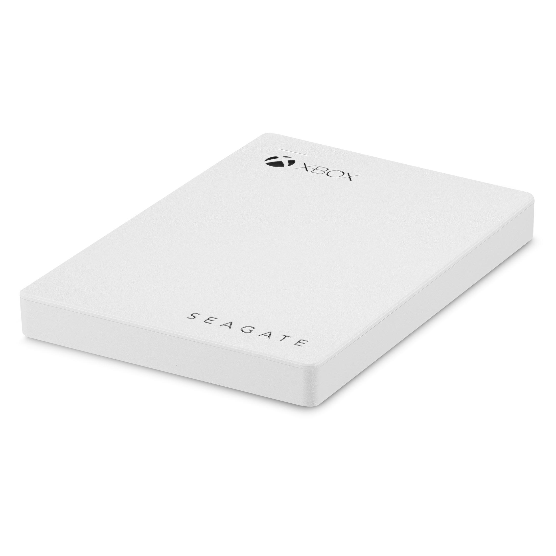 Weiße Seagate Festplatte mit Xbox-Logo auf weißem Hintergrund.