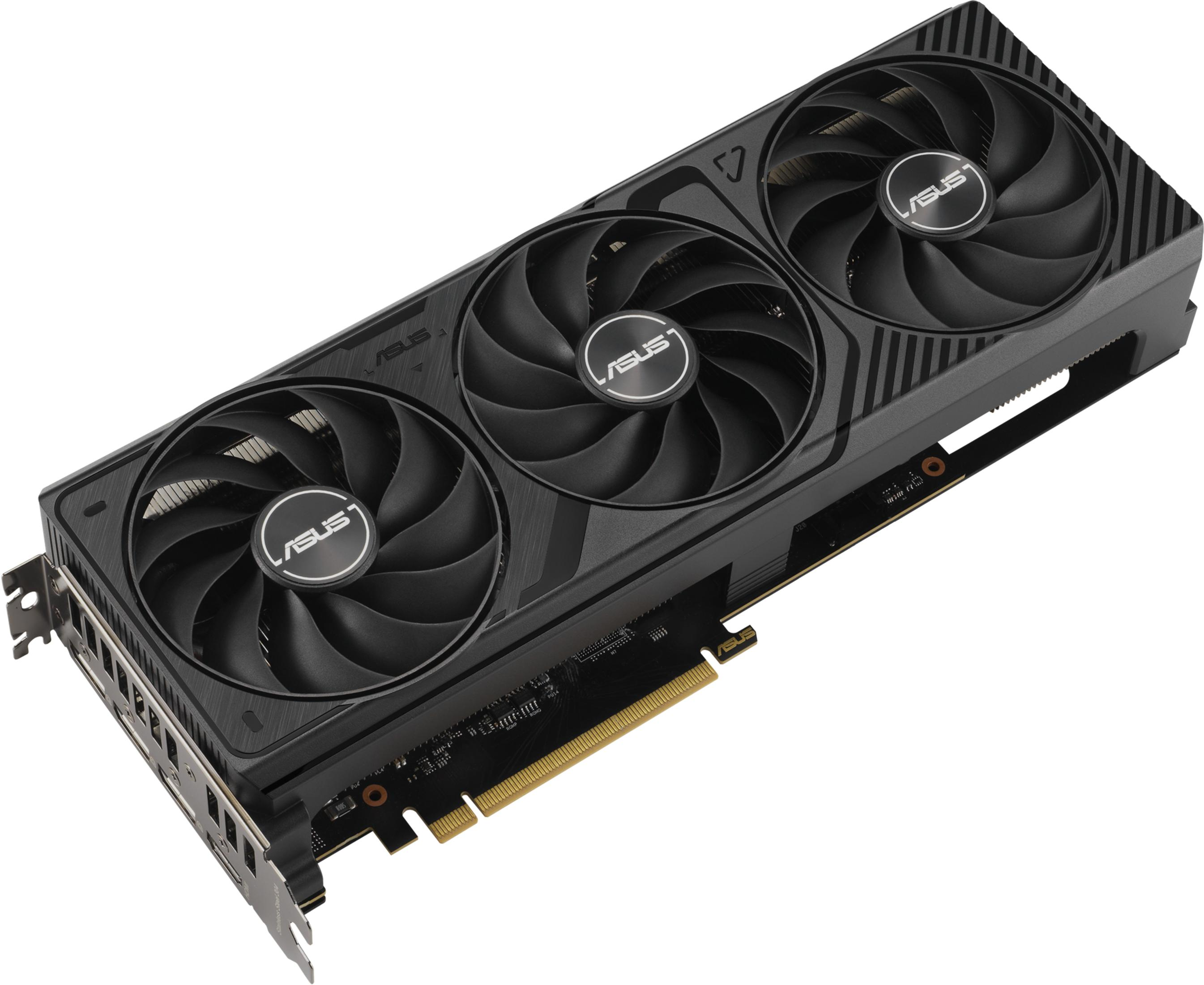 Una scheda grafica nera con tre ventole e il logo ASUS sulla ventola.