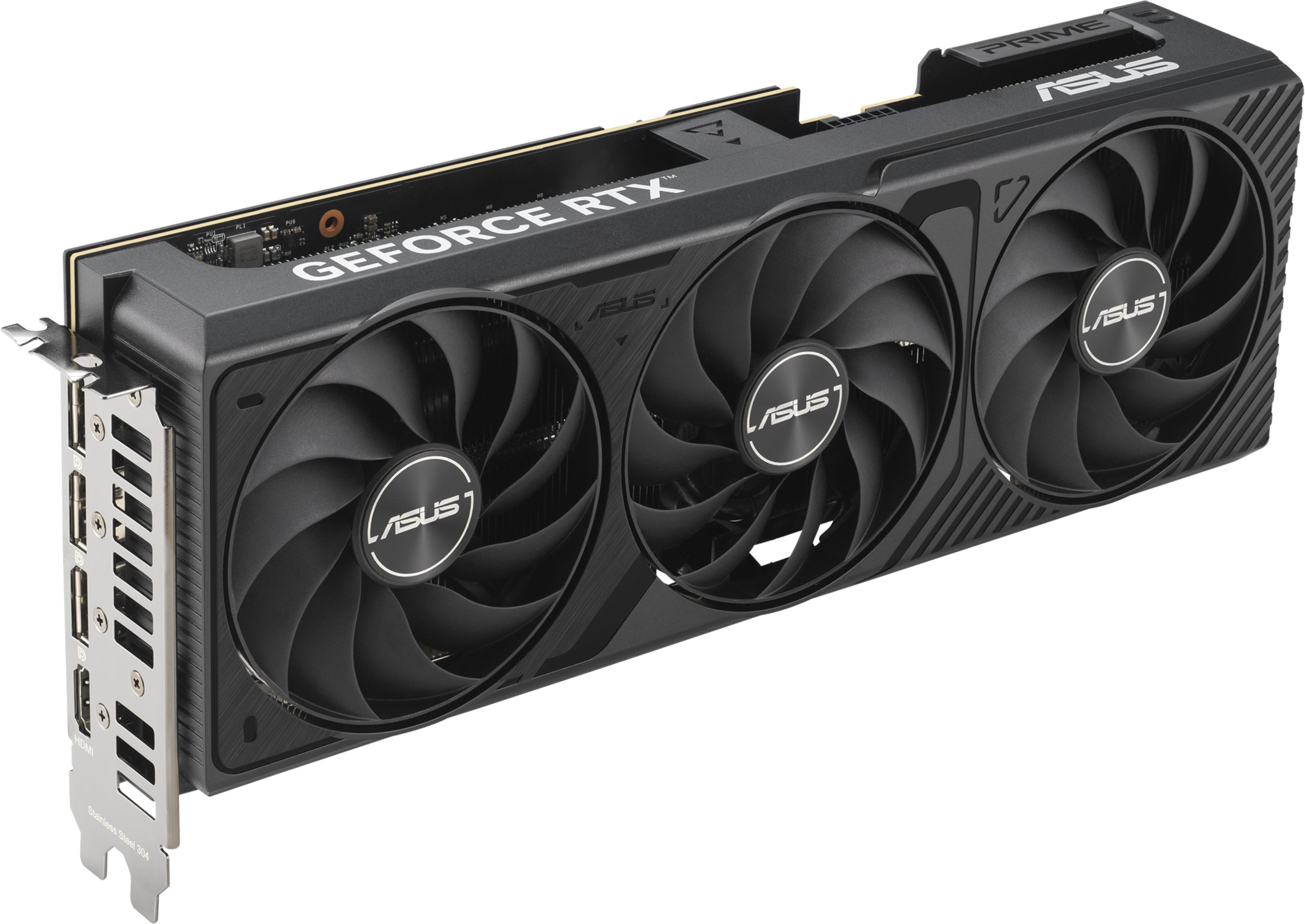 Scheda grafica ASUS GeForce RTX nera con tre ventole e porte HDMI.