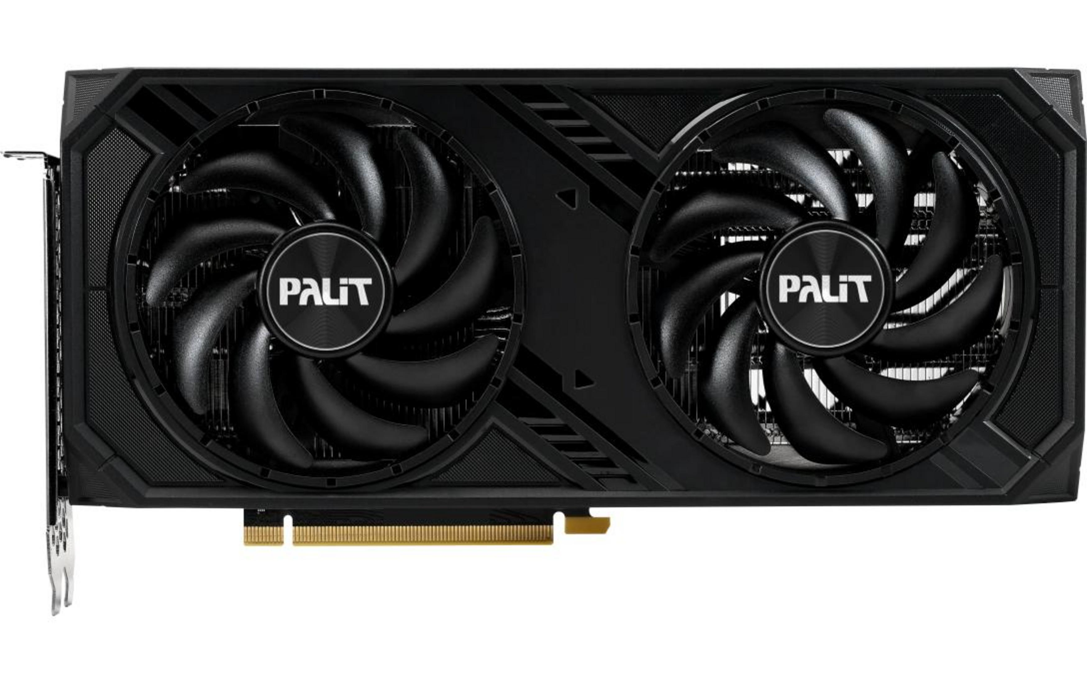 Tarjeta gráfica negra con dos ventiladores y logo Palit. Fondo blanco.