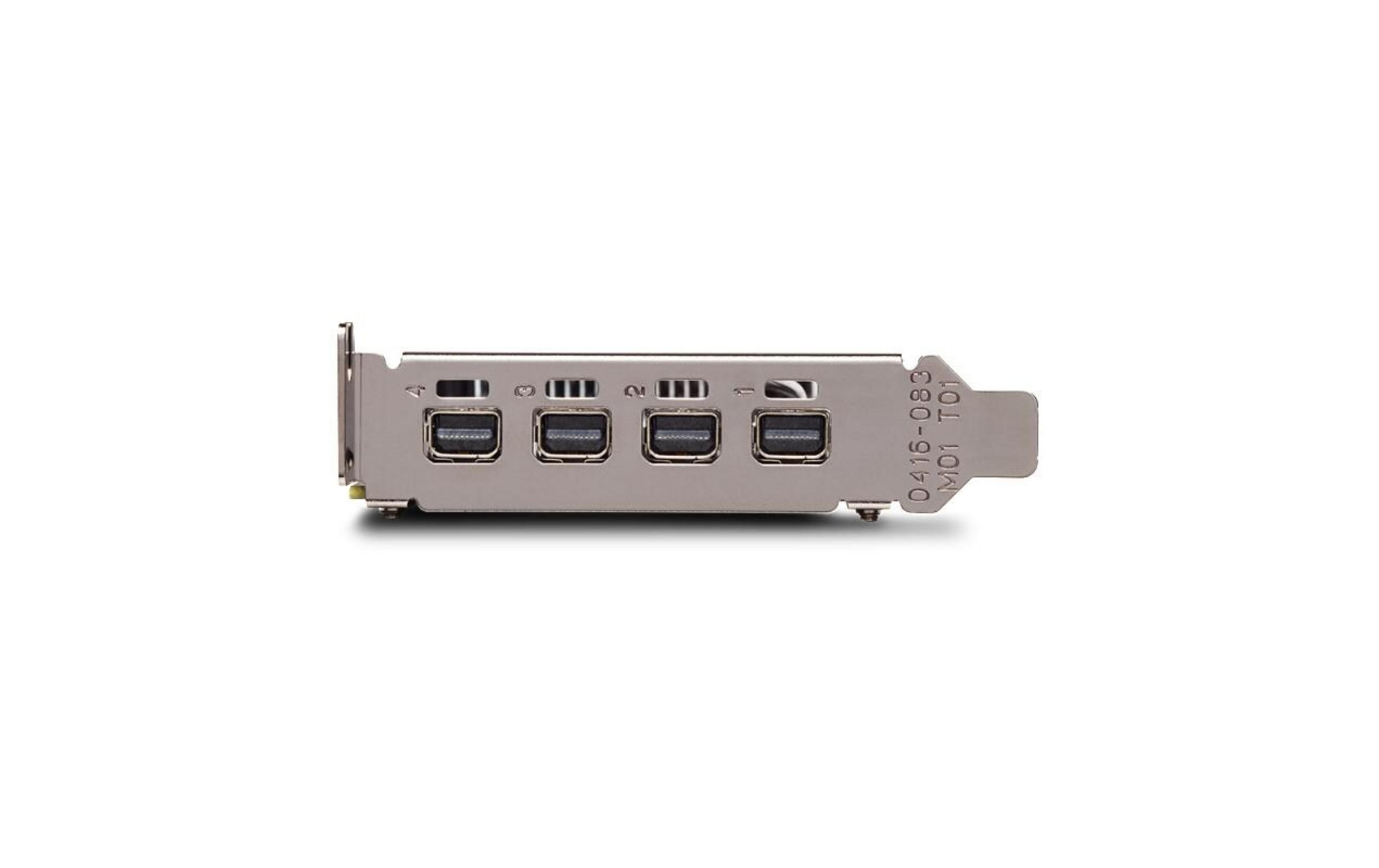Una scheda di espansione per computer argentata con quattro connessioni DisplayPort.