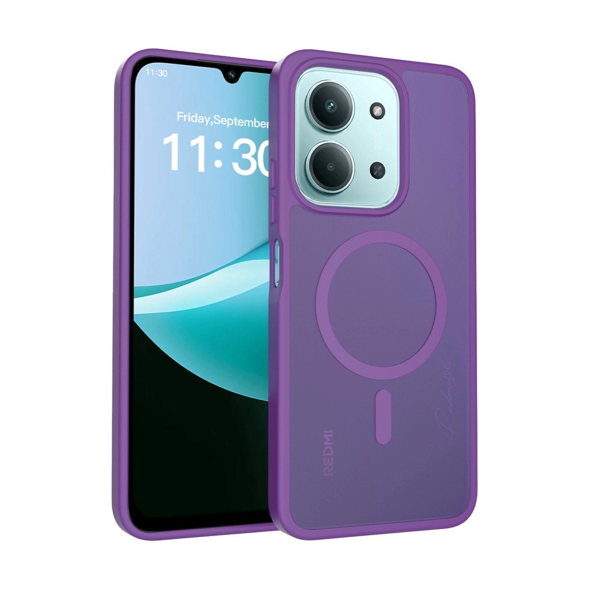 İki kamera lensli ve dairesel desenli mor telefon kılıfı.