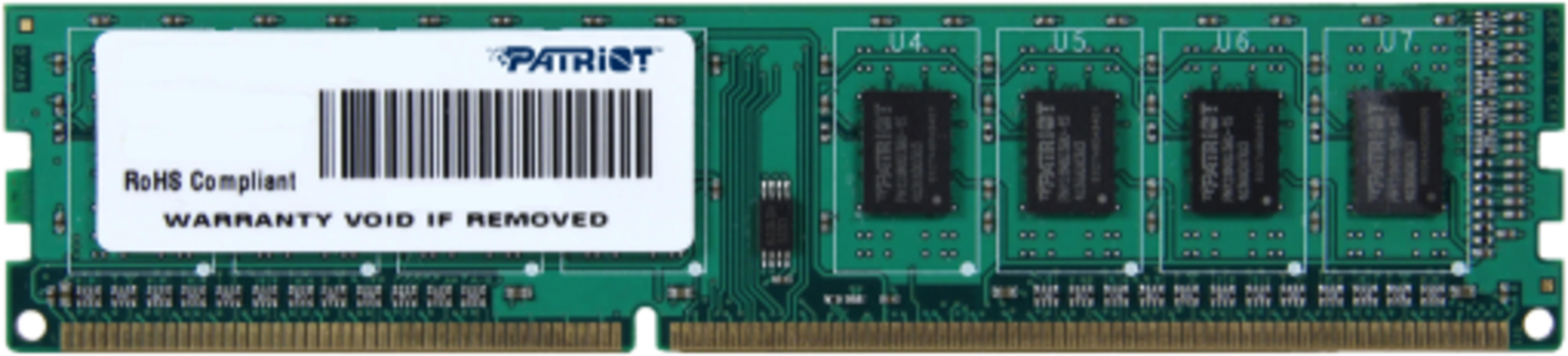 Een groene RAM-module met Patriot-sticker en zwarte chips.