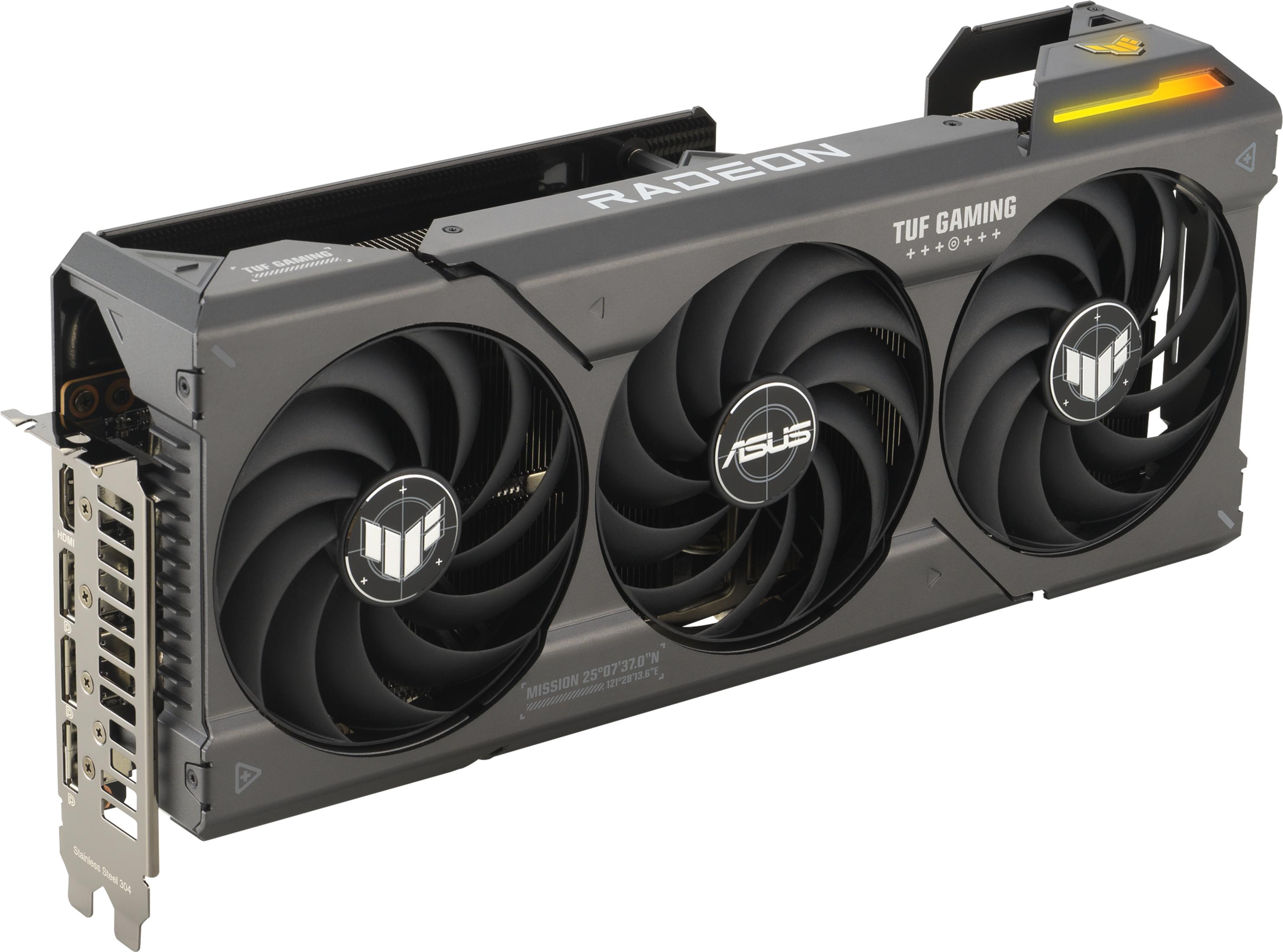 Scheda grafica con tre ventole, logo RADEON, logo ASUS e illuminazione RGB.