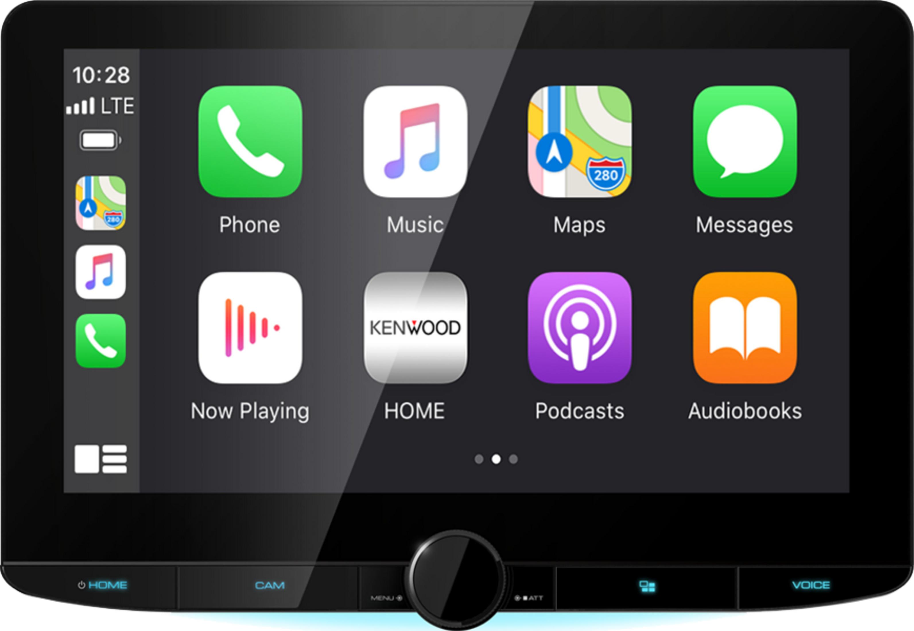 Ein Infotainment-Bildschirm zeigt App-Symbole wie Telefon, Musik, Karten und Nachrichten.