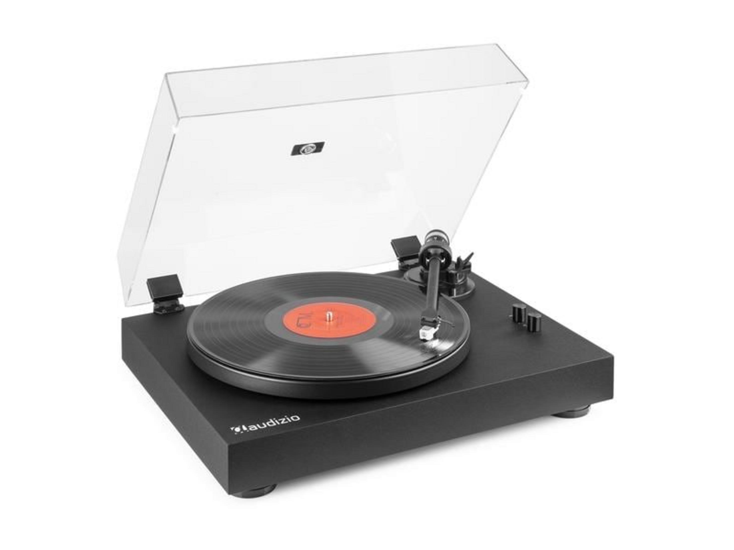 Tocadiscos negro con disco de vinilo y tapa transparente, logo Audizio.