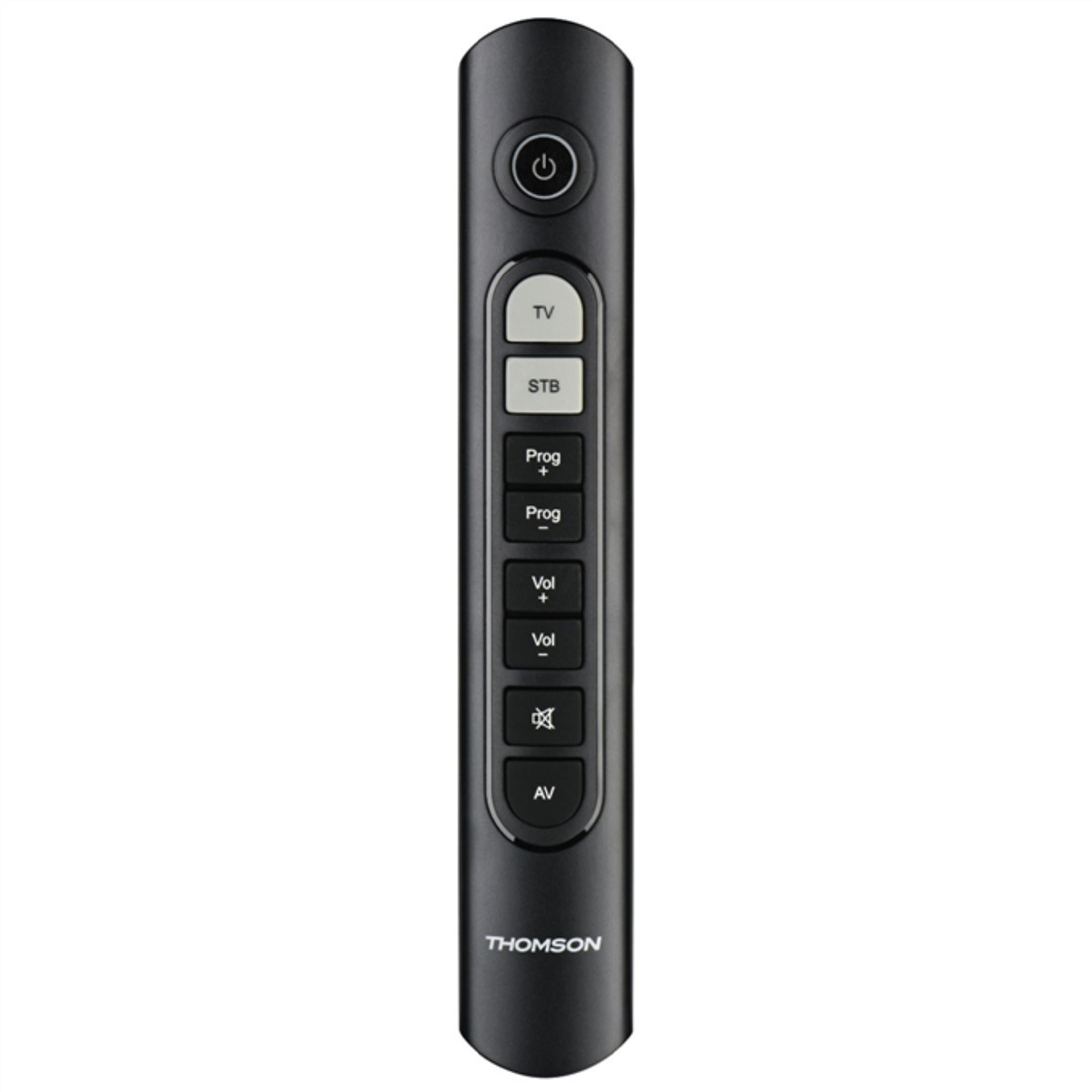 Schwarze Thomson Fernbedienung mit Power-, TV-, STB-, Prog- und Vol-Tasten.