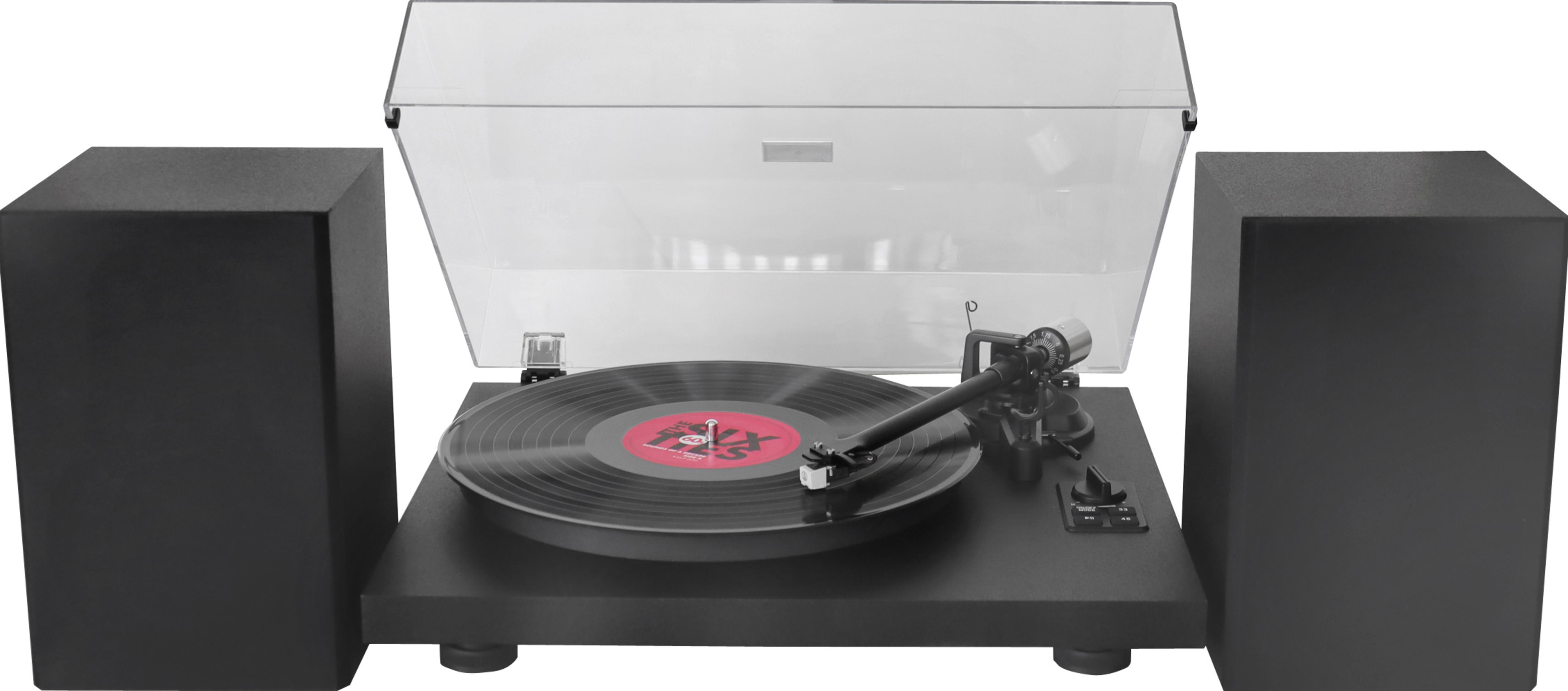 Schwarzer Plattenspieler mit Vinyl und zwei Lautsprechern.