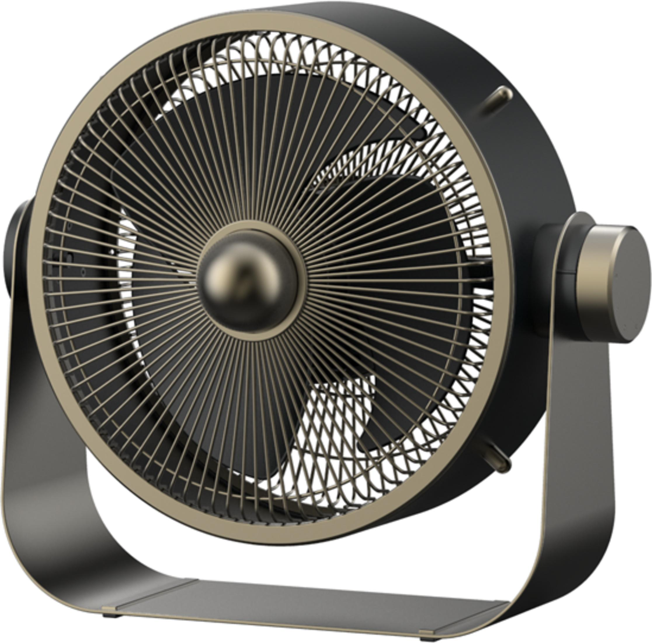 Ein schwarzer Tischventilator mit goldenen Akzenten und einem runden Gitter.