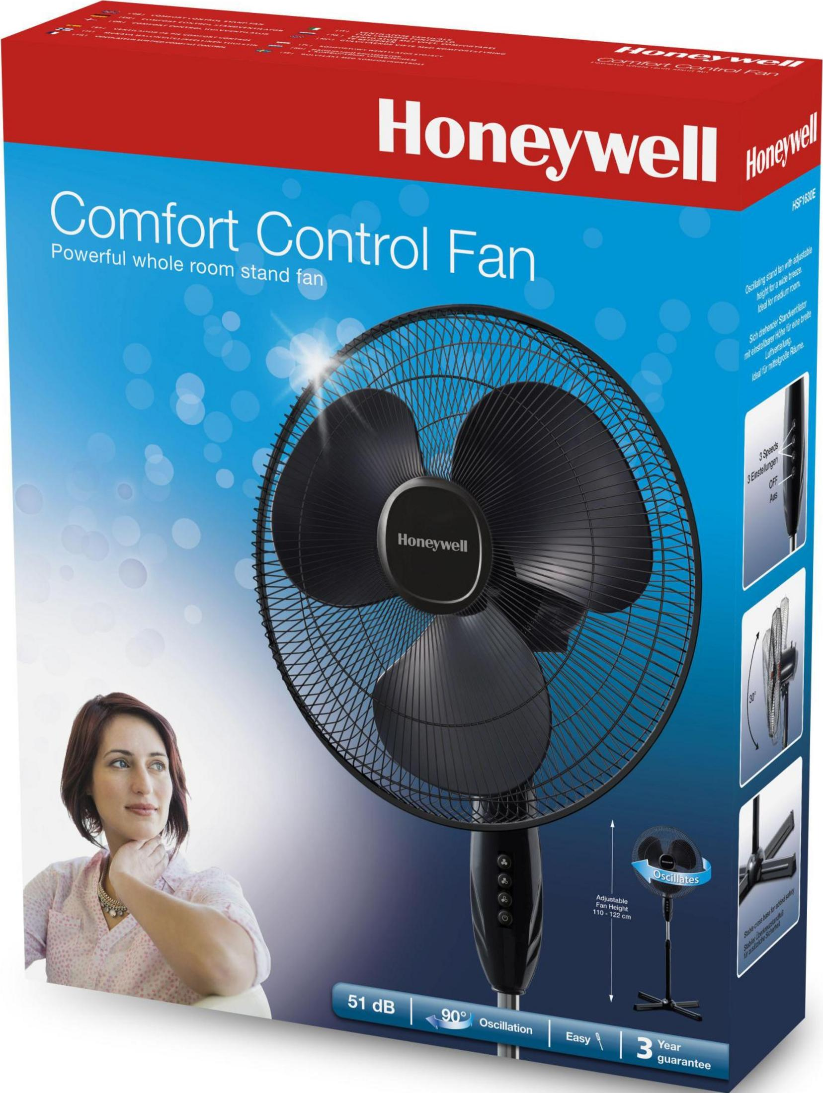 Ventilador Honeywell con 3 velocidades, oscilación de 90 grados, 51 dB.