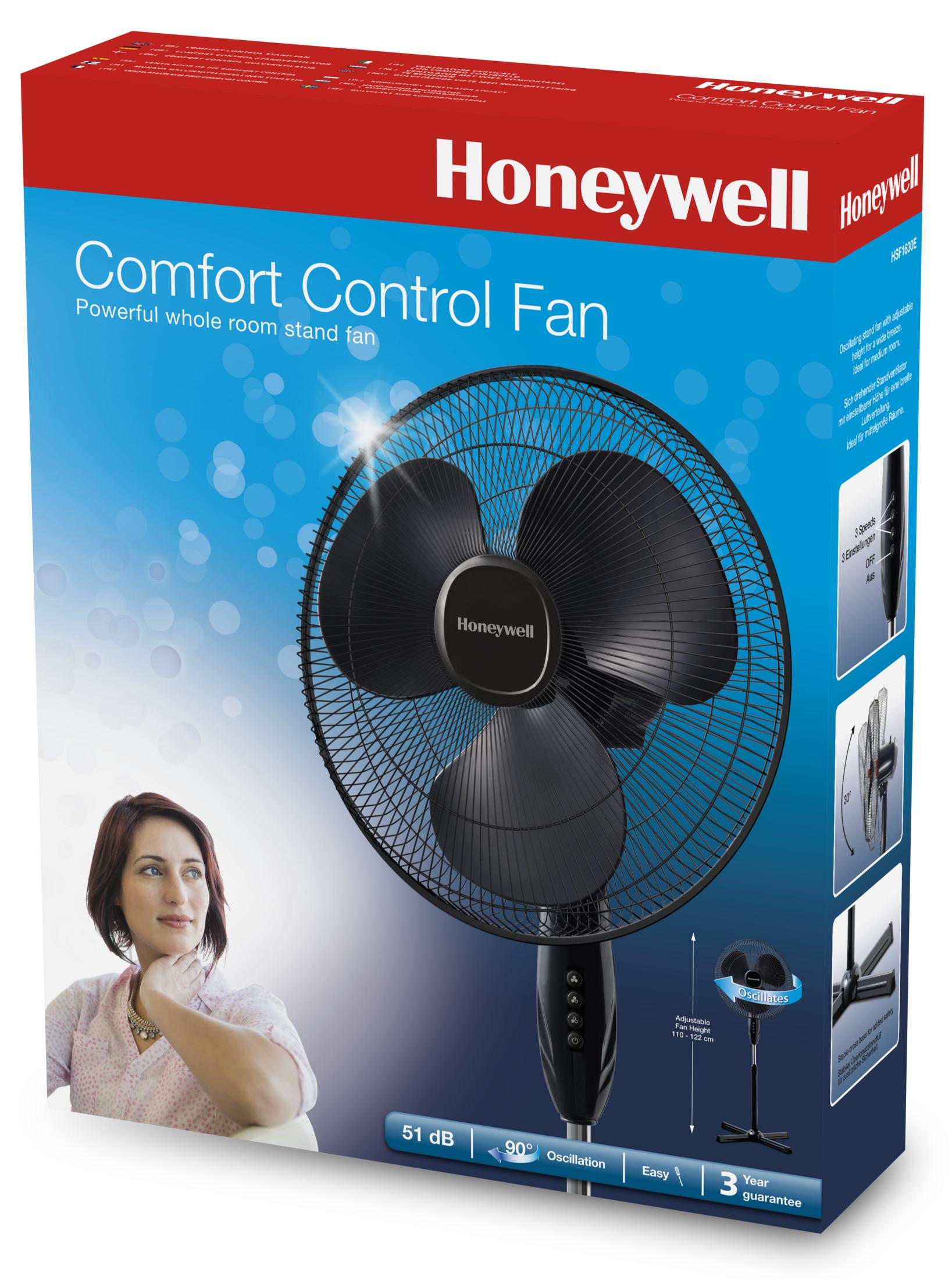 Un ventilador de pie Honeywell con 3 velocidades, oscilación y altura ajustable.