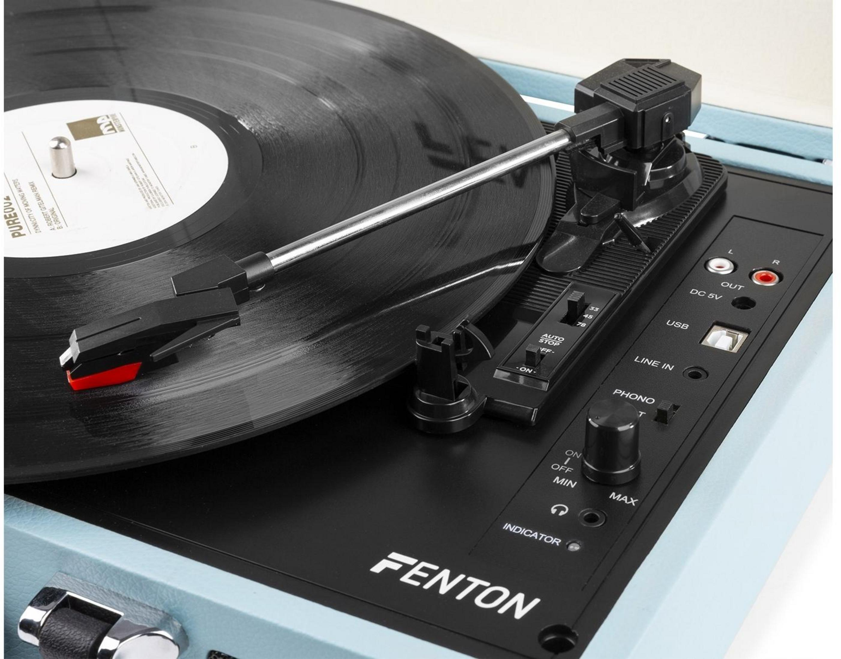 Ein blauer Plattenspieler mit schwarzer Oberfläche, Nadel und Vinyl-Schallplatte.
