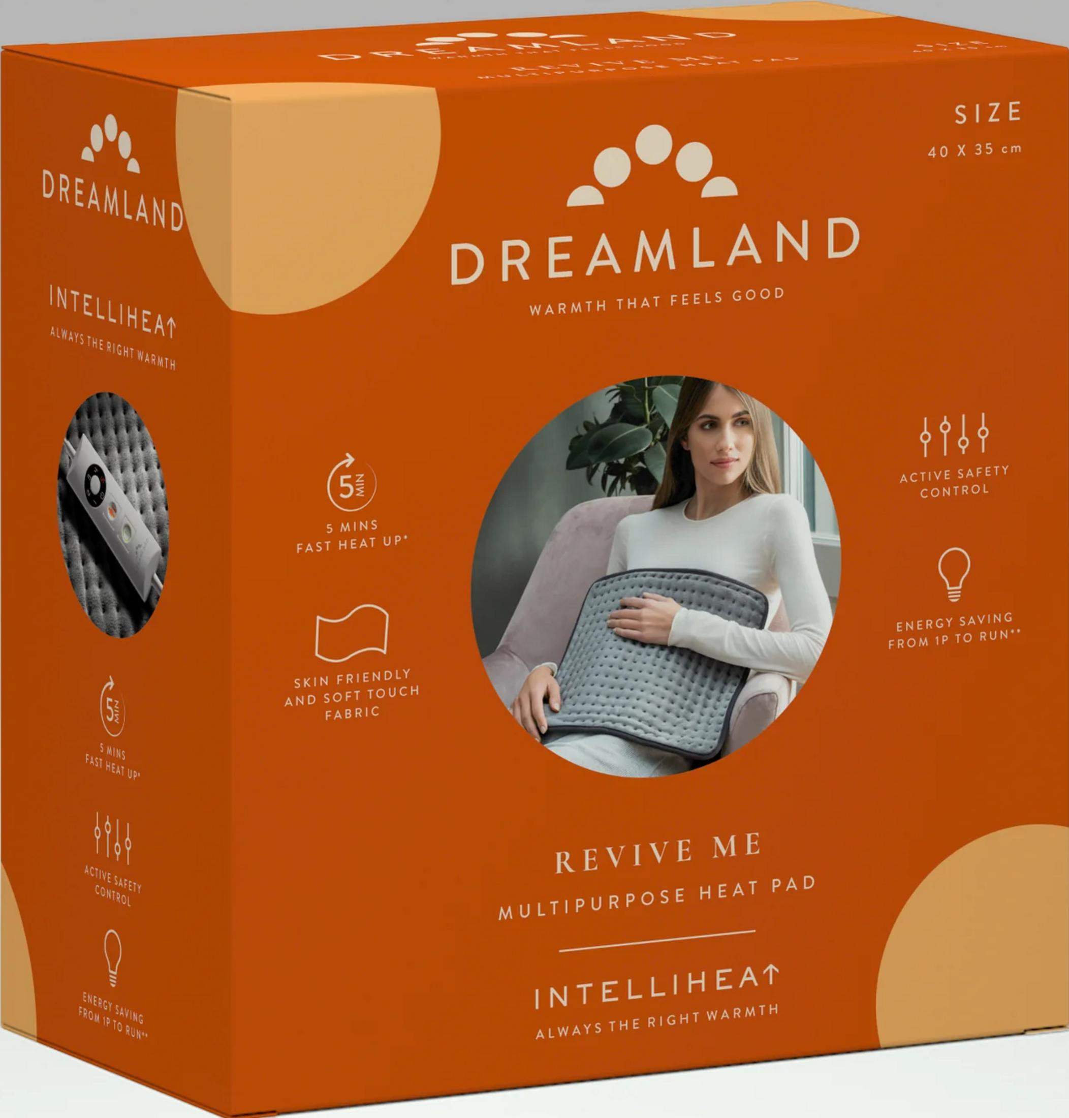 Dreamland heat pad packaging with woman holding it. Features fast heat, safety, and energy saving.
