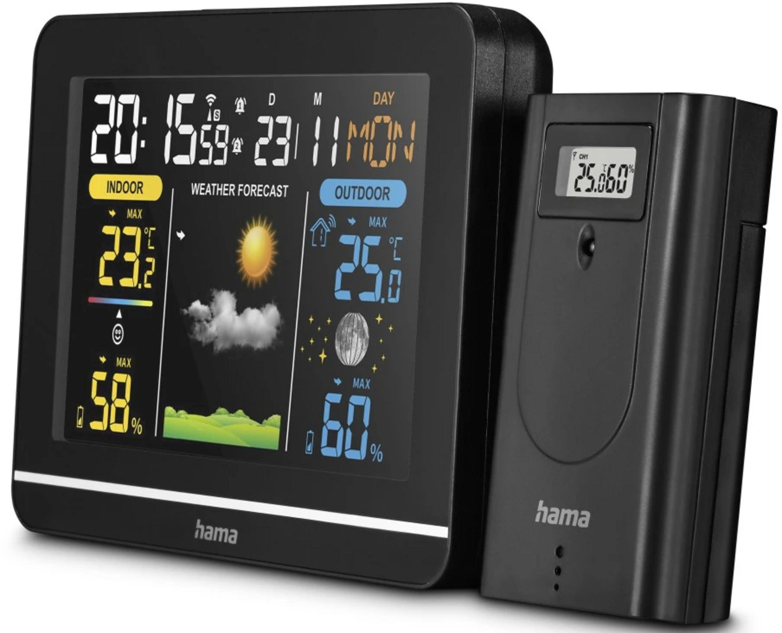 Ein schwarzes Wetterstation-Display mit einem externen Sensor. Zeigt Zeit, Datum und Wetterdaten an.