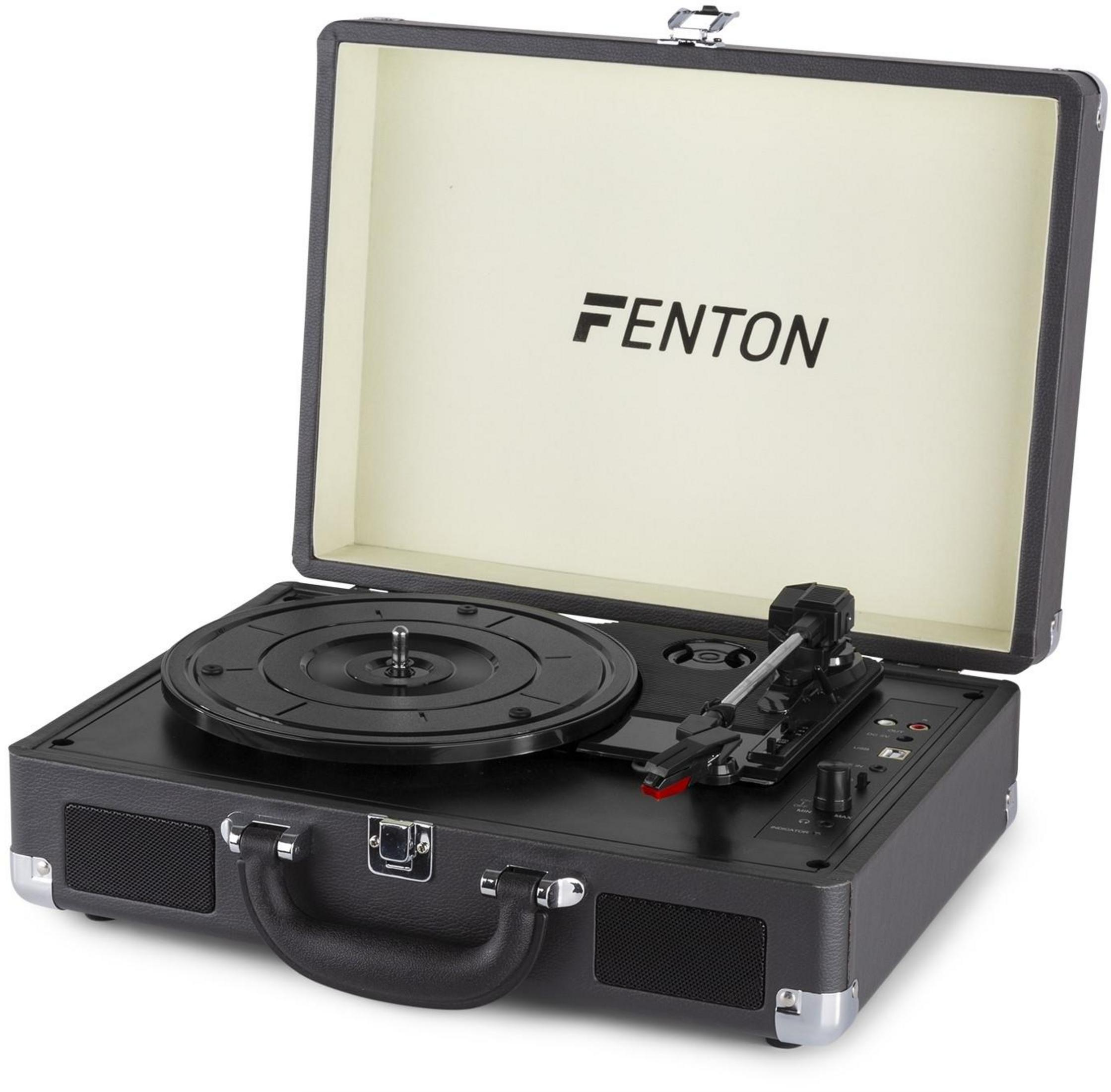 Ein schwarzer Fenton-Plattenspieler ist geöffnet und zeigt Plattenteller und Tonarm.