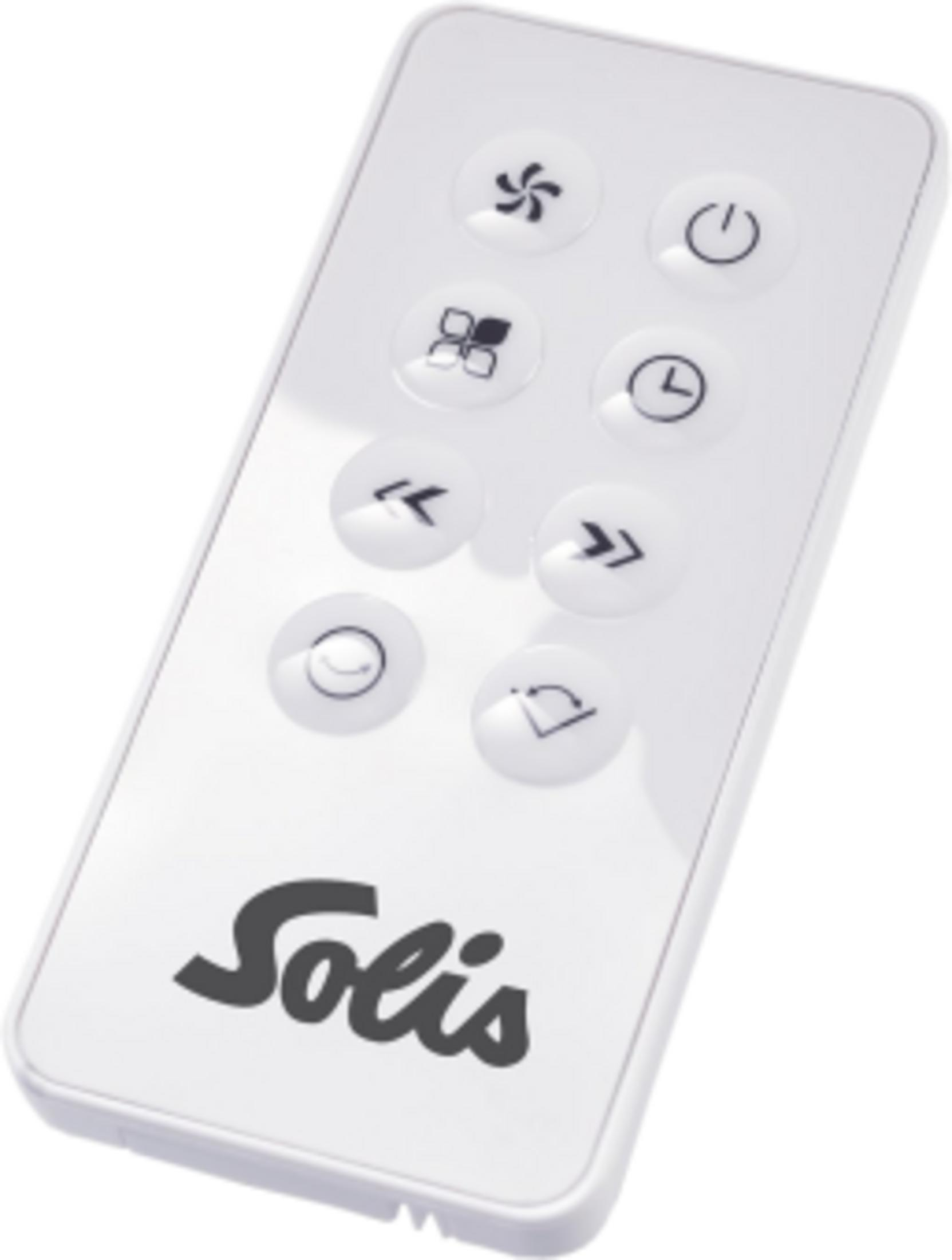 Un telecomando bianco con icone nere e logo Solis.