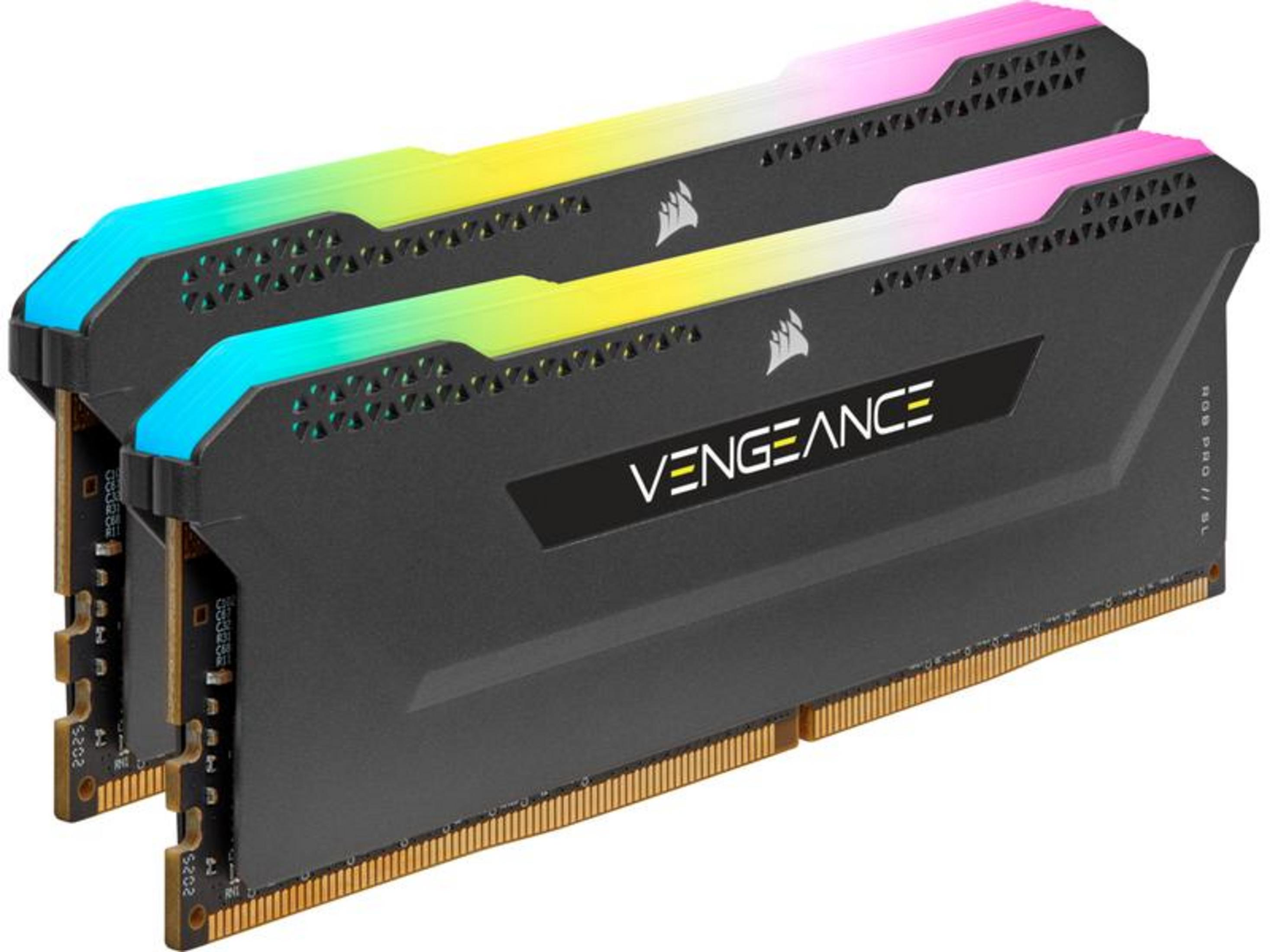 Twee zwarte RAM-modules met blauwe, gele en roze RGB-verlichting.