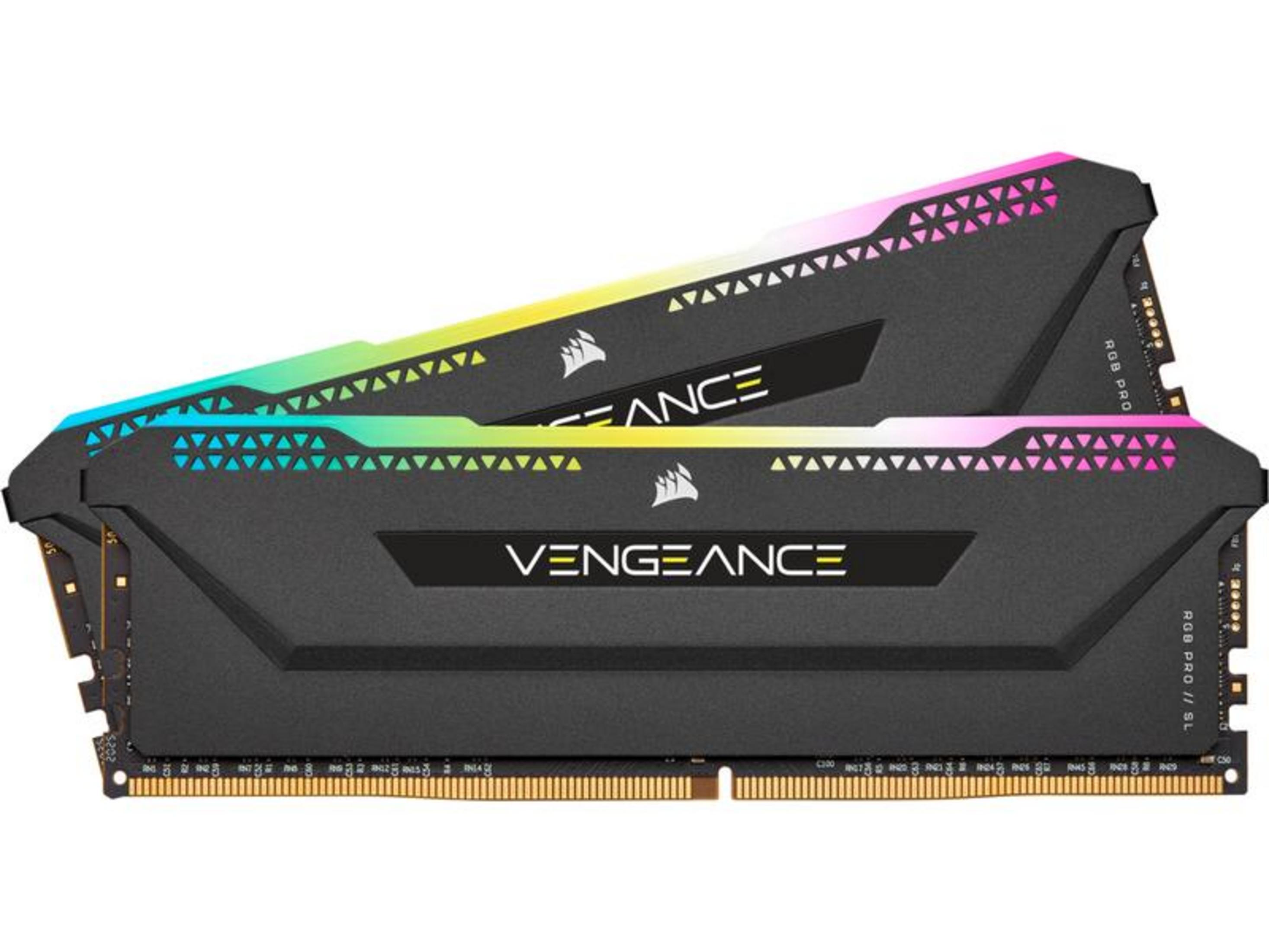 Twee zwarte RAM-modules met RGB-verlichting en geometrische patronen.