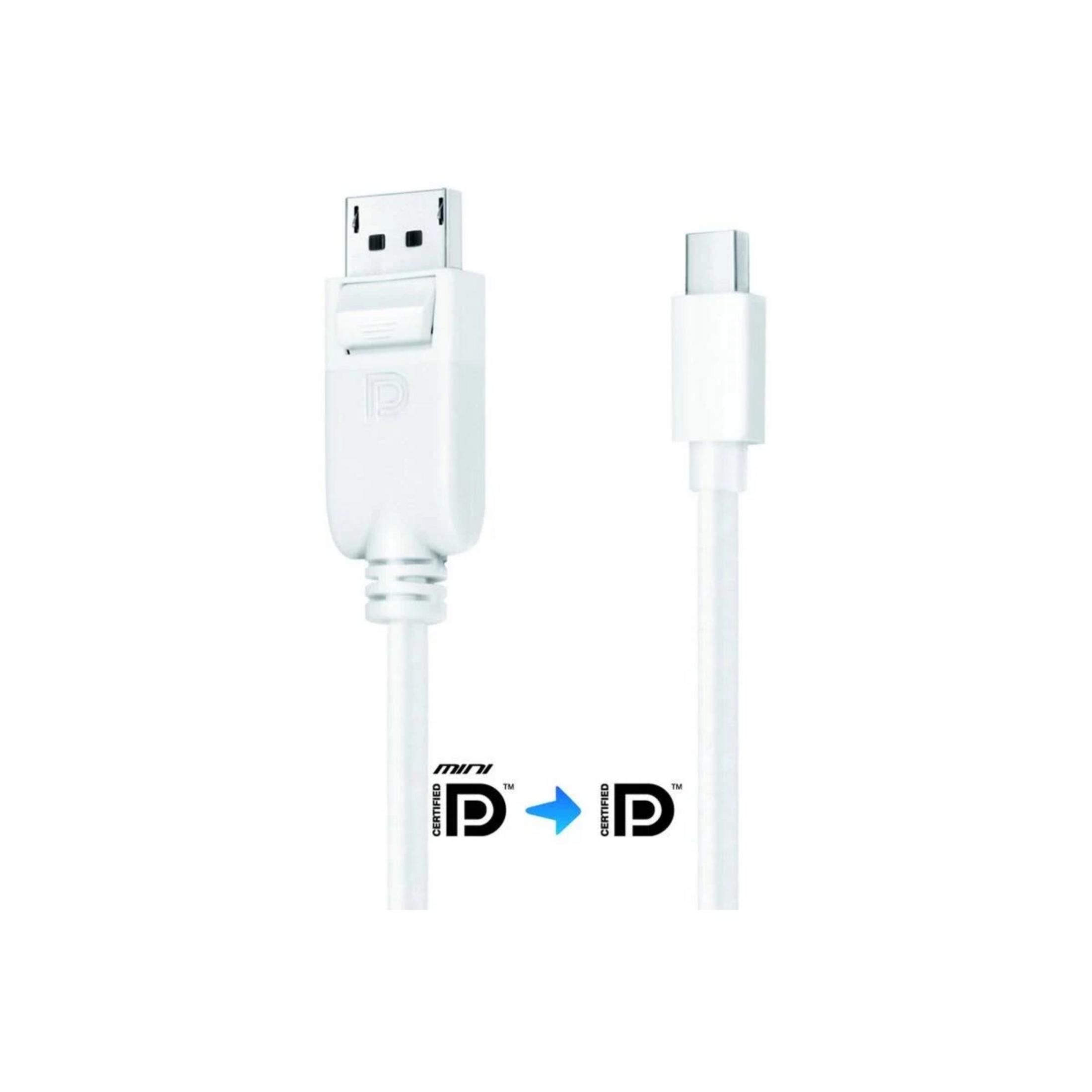 Ein weißes Kabel mit DisplayPort-Steckern. Ein Stecker mit Verriegelung, der andere USB-C.