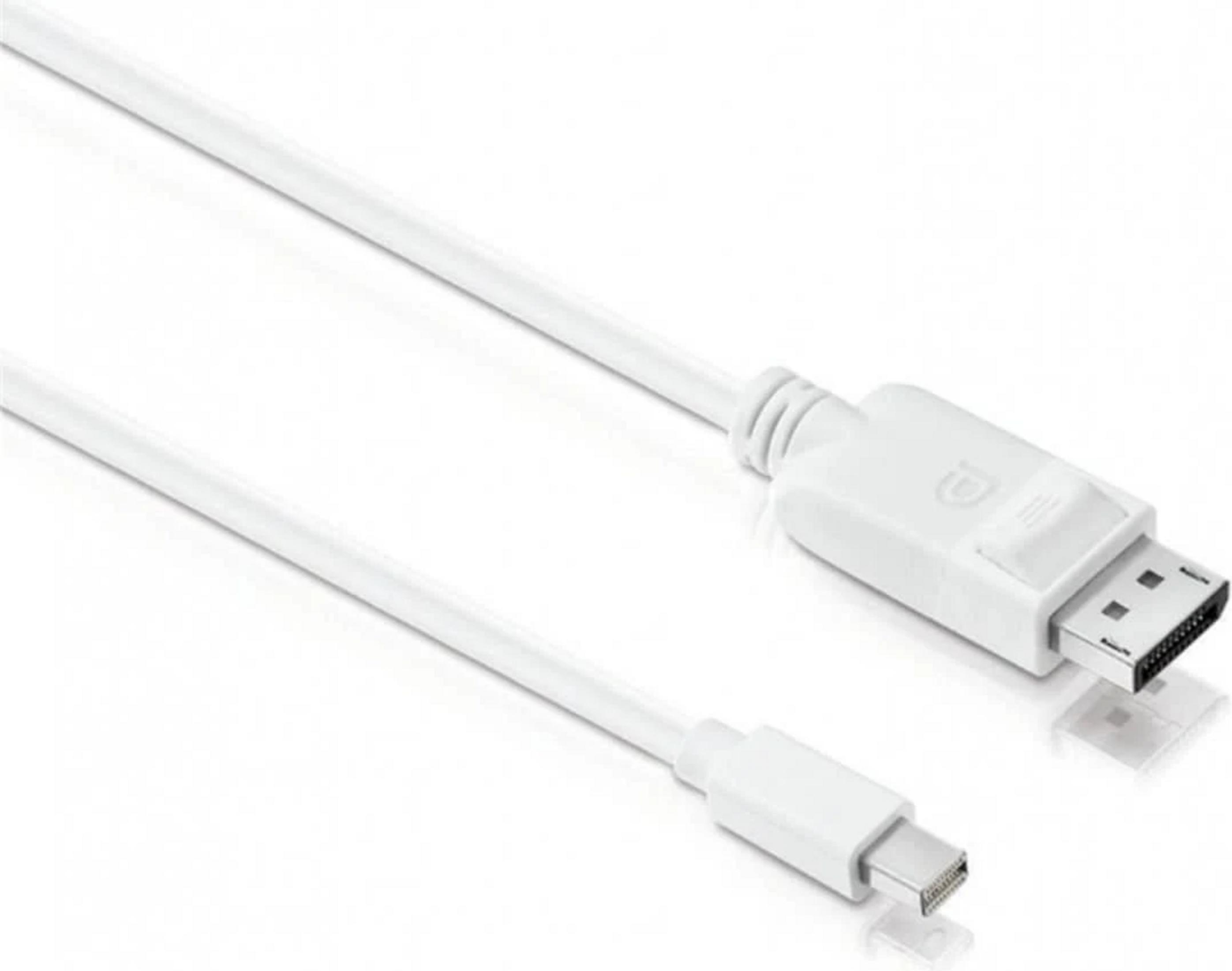 Ein weißes Kabel mit DisplayPort- und Mini-DisplayPort-Anschlüssen.