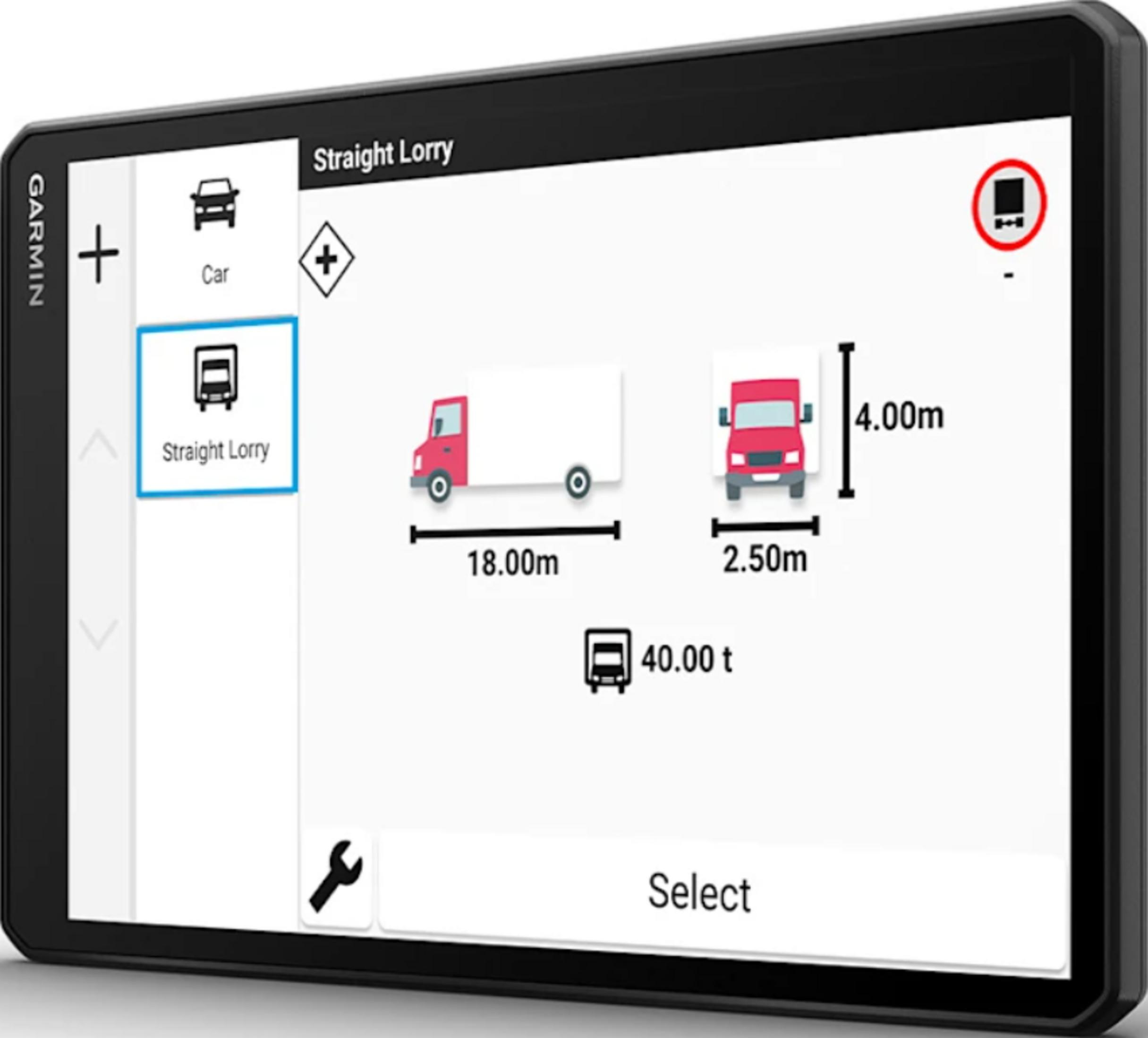 Dispositivo Garmin mostra dimensioni camion: 18m, 2.5m larghezza, 4m altezza, 40t.