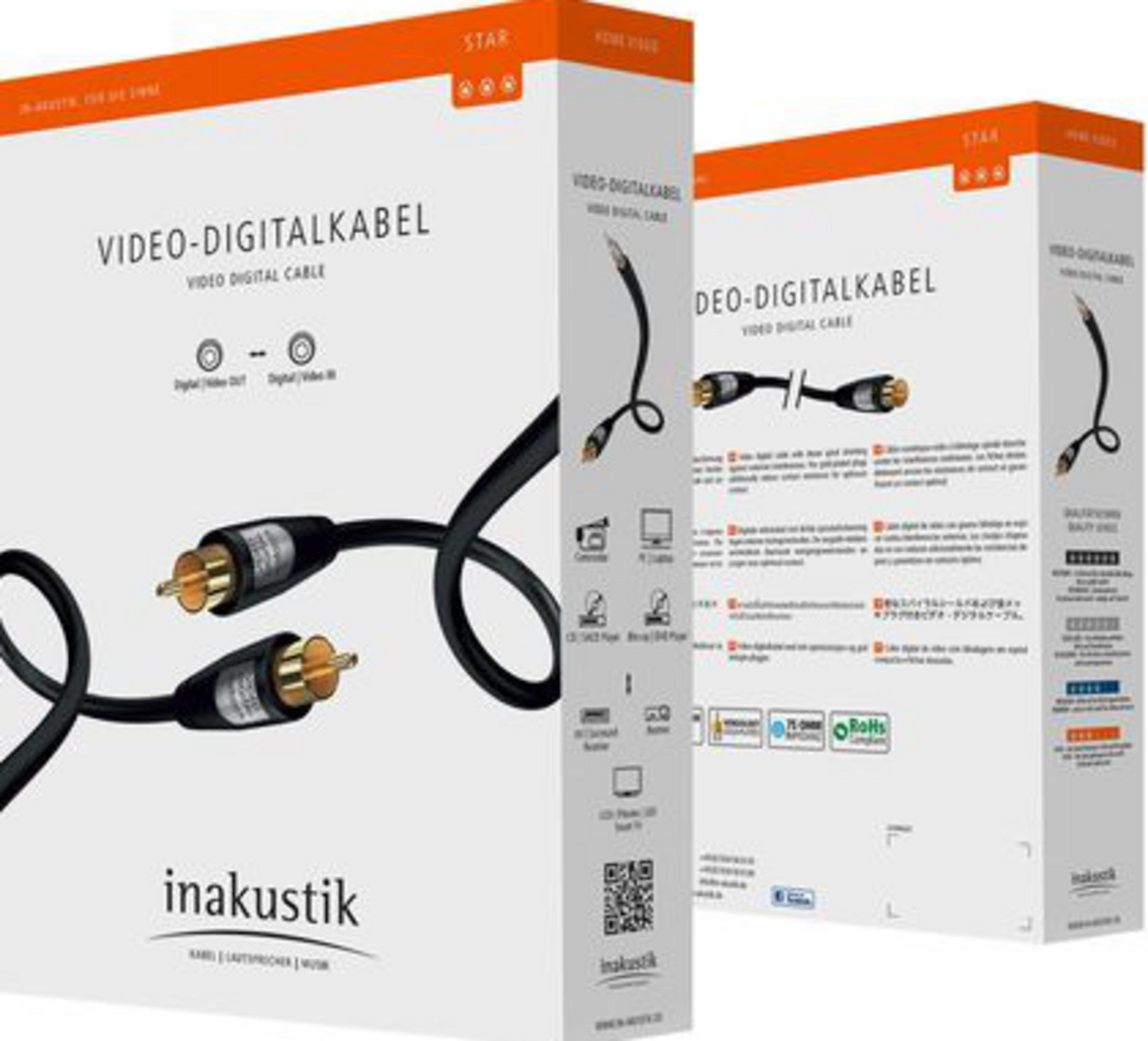 Embalaje de un cable de video digital con conectores RCA y franja naranja.