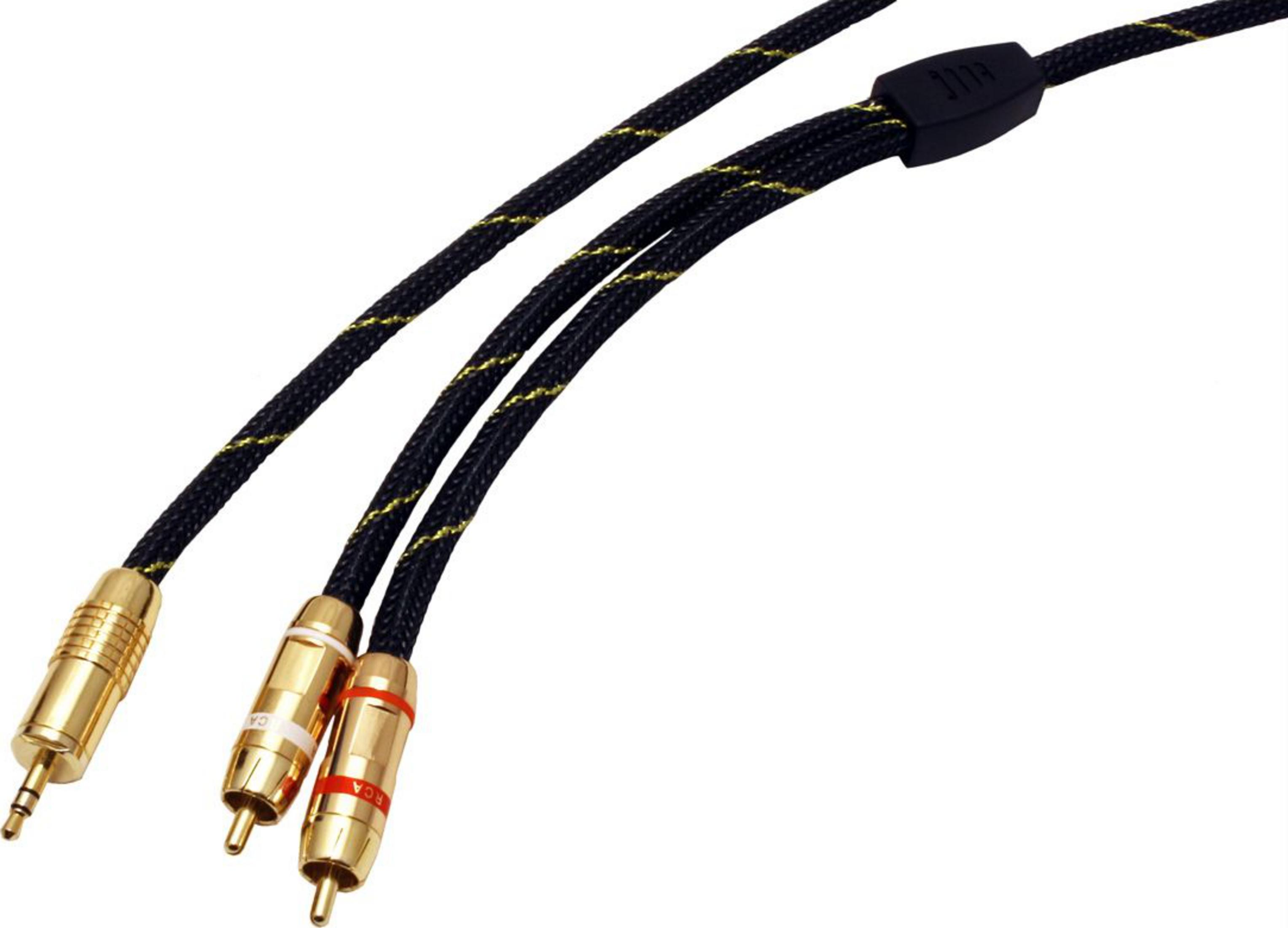 Ein schwarzes Audiokabel mit Goldsteckern und gelben Fäden.