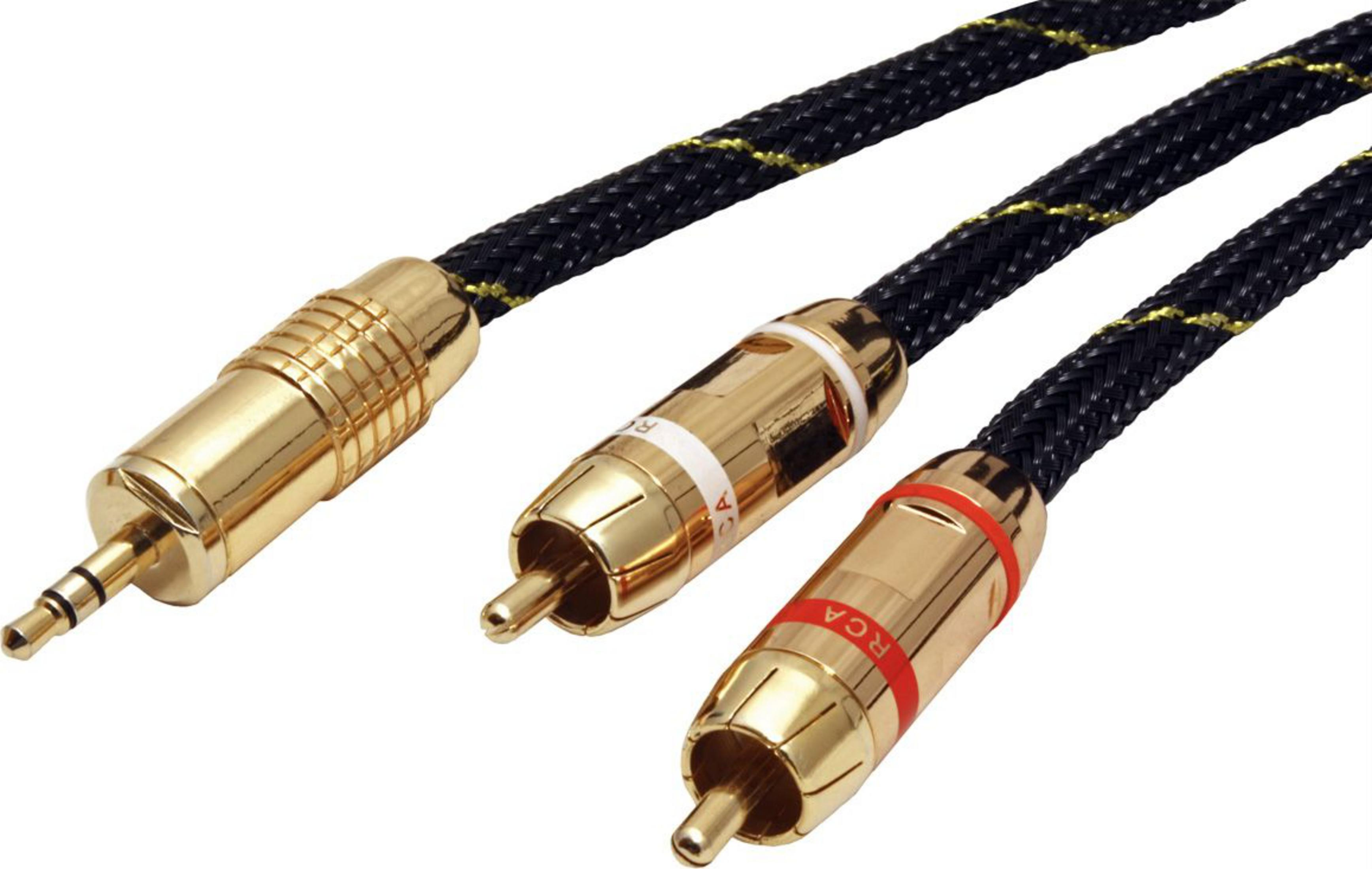 Goldene 3,5-mm-Klinken- und Cinch-Audiokabel mit schwarzen und gelben Geflechtschläuchen.