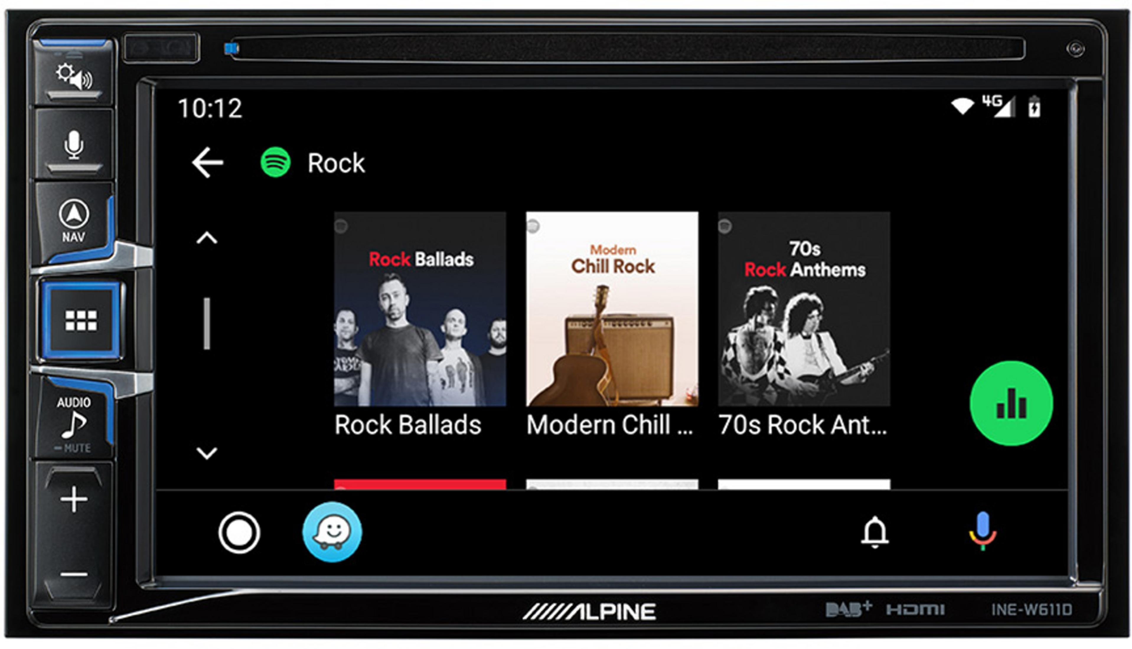 Ein Autoradio-Bildschirm zeigt Rockmusik-Playlists wie Rock Ballads und 70s Rock Anthems.