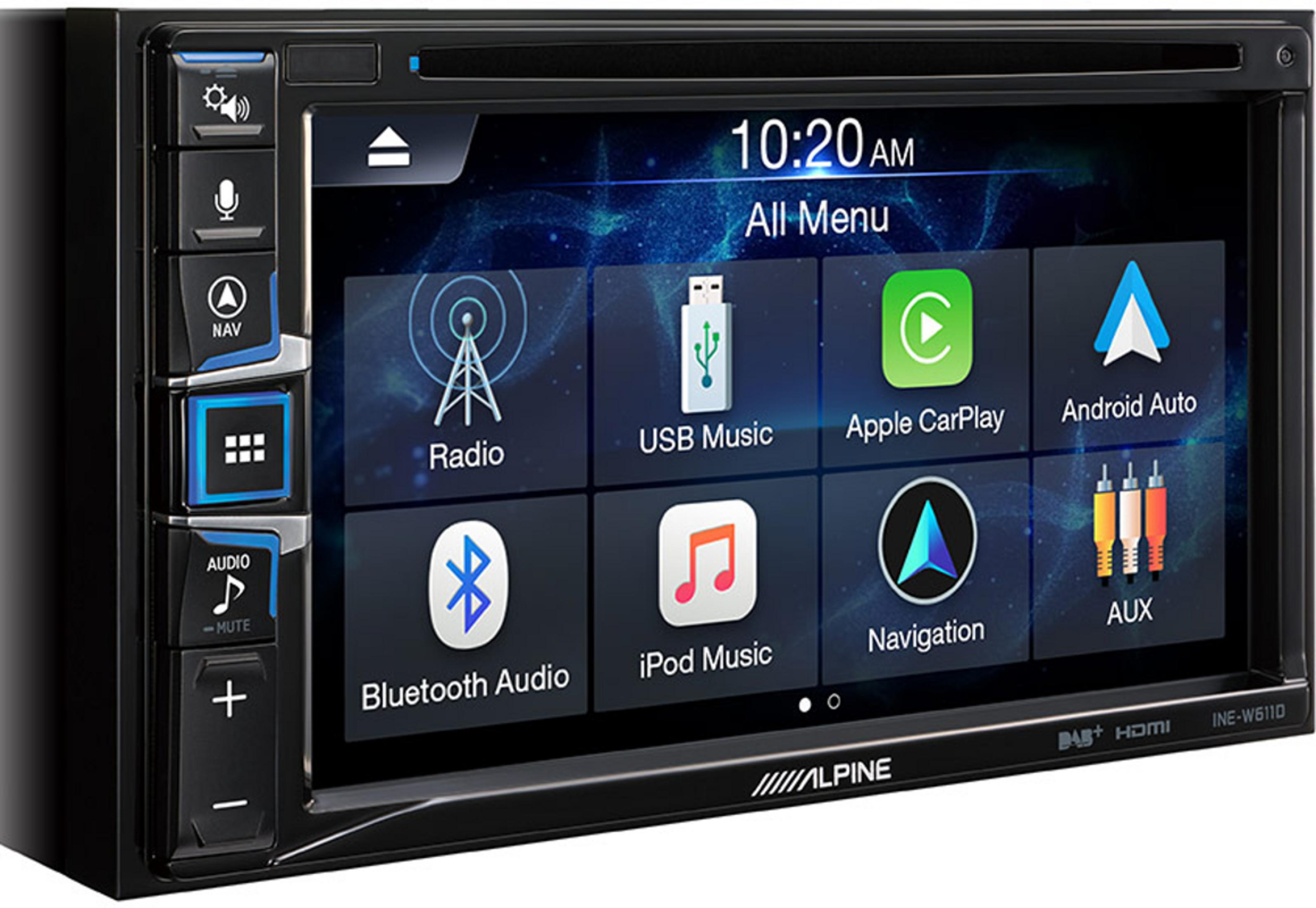 Ein Alpine Autoradio-Display zeigt Menüoptionen wie Radio, USB, Apple CarPlay, Android Auto, Bluetooth, iPod, Navigation und AUX.