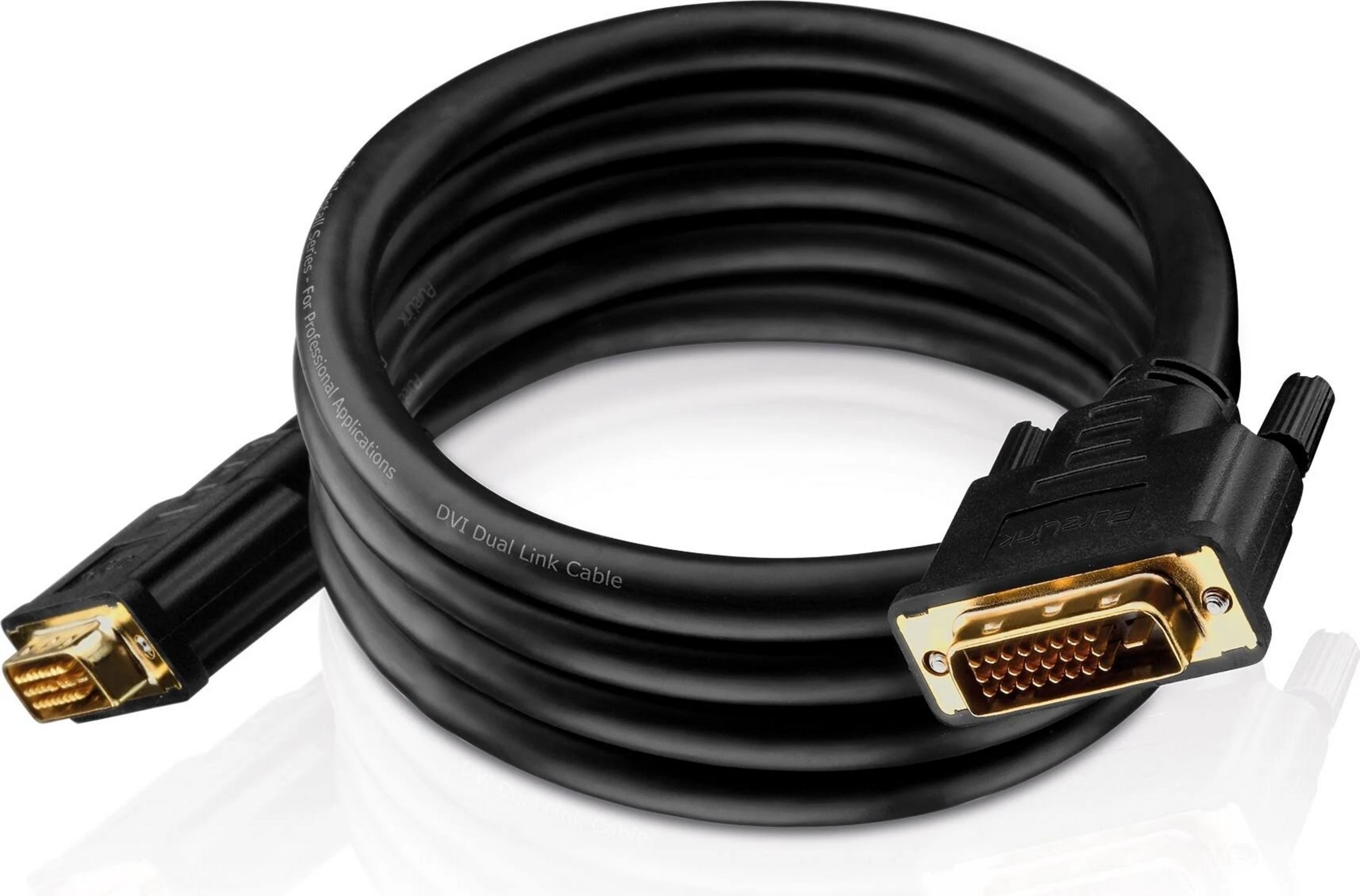Schwarzes DVI Dual Link Kabel mit goldenen Anschlüssen, auf weißem Hintergrund.