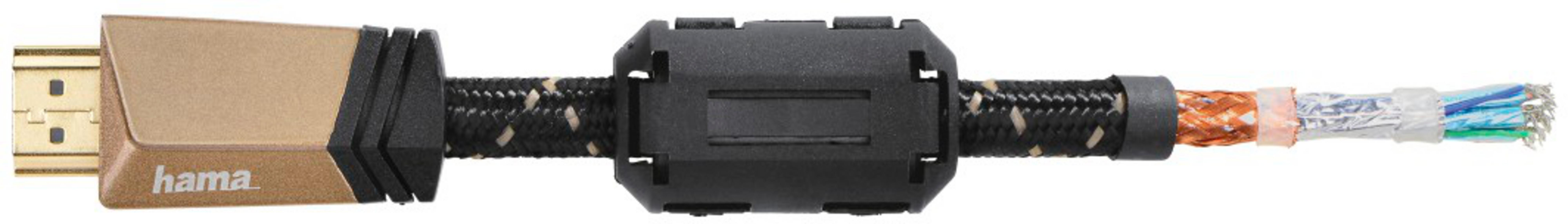 Złoty złącz HDMI z czarnym rdzeniem ferrytowym i plecionym kablem.