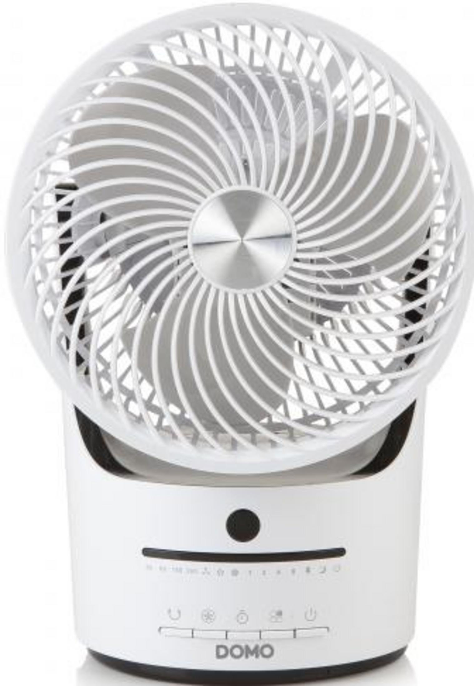 Ein weißer Tischventilator mit silberner Mitte und Bedienfeld.