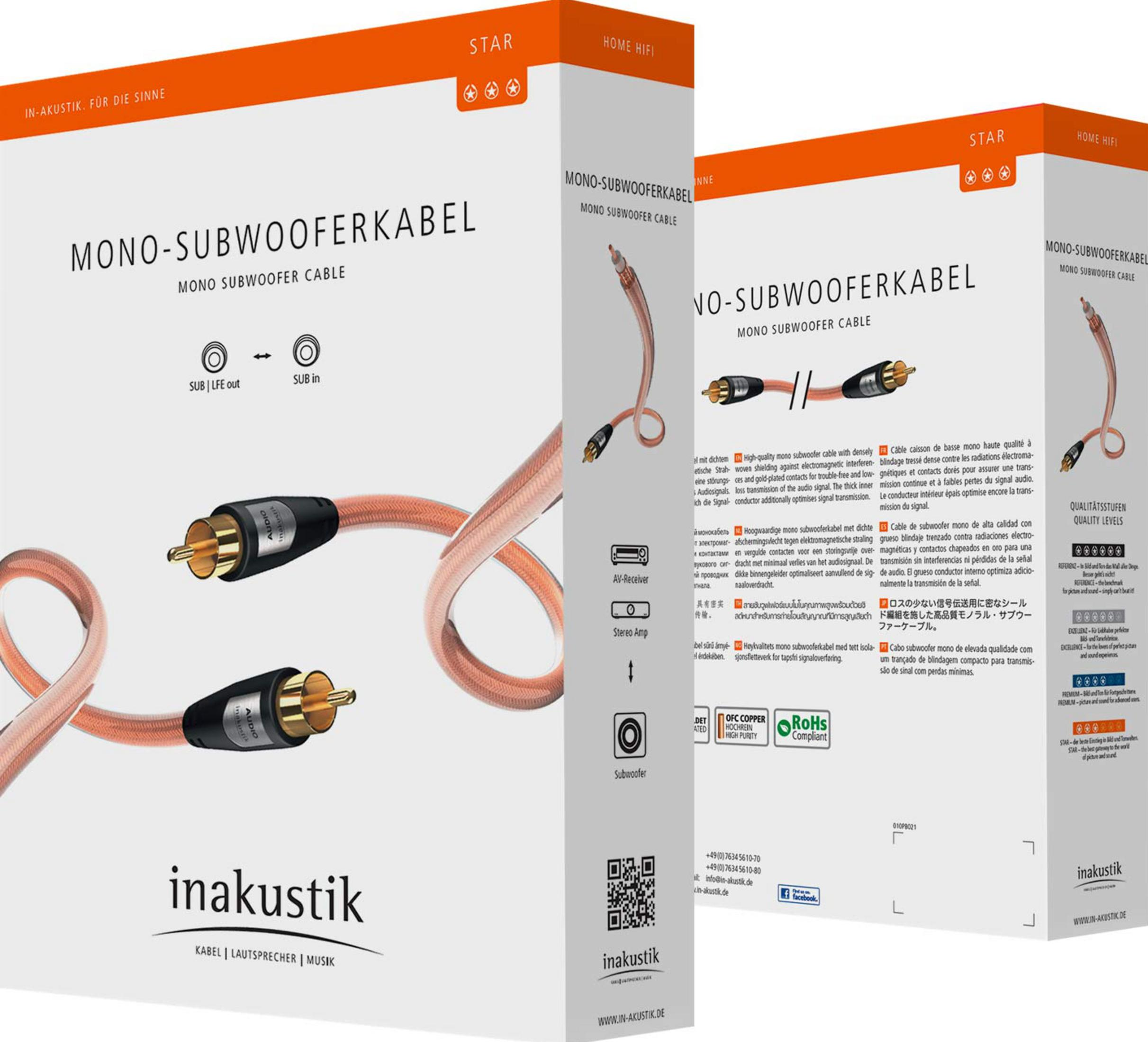 Inakustik Mono Subwoofer Cable with RCA connectors, detailed and packaged.
