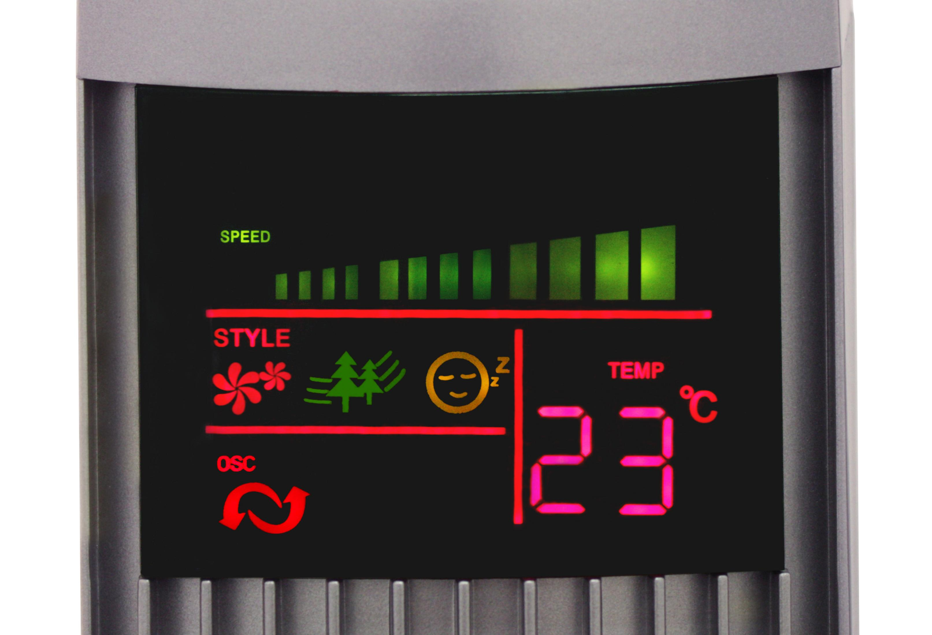 Ein digitales Display zeigt Geschwindigkeit, Stil (Blumen, Bäume, Schlaf) und 23°C an.