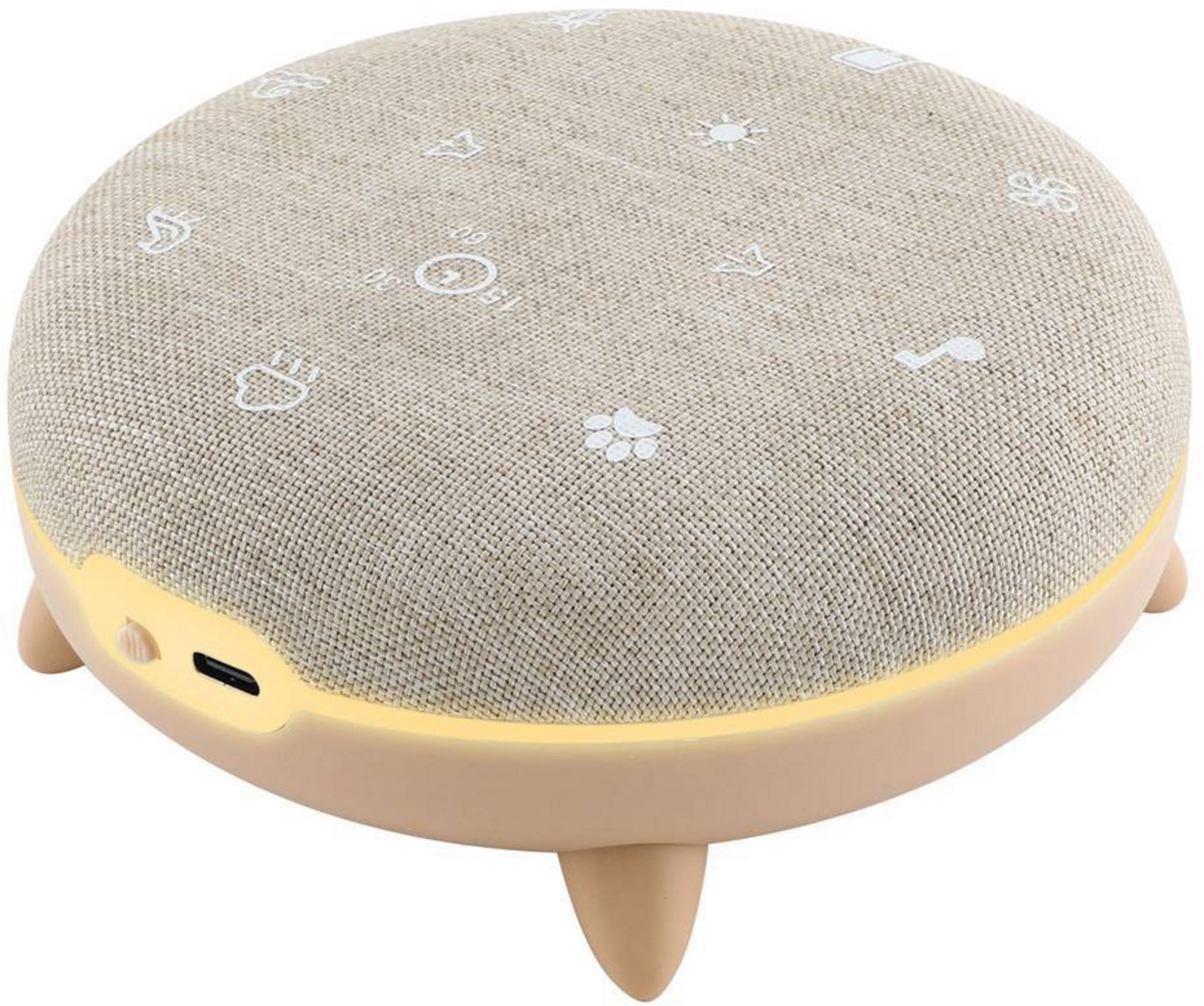 Un altoparlante rotondo beige con simboli bianchi e tre gambe.