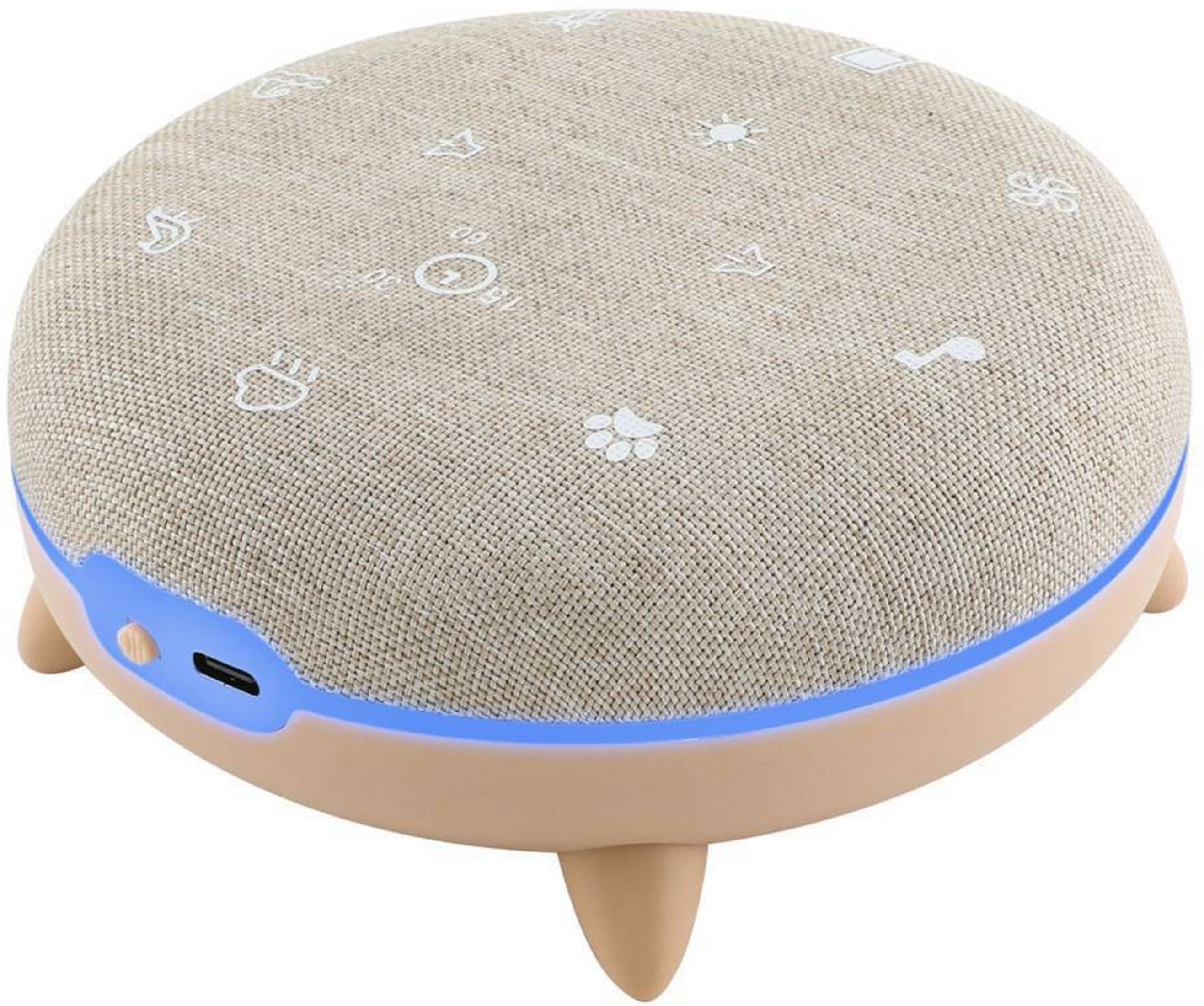 Un altoparlante beige con tre gambe e illuminazione blu.
