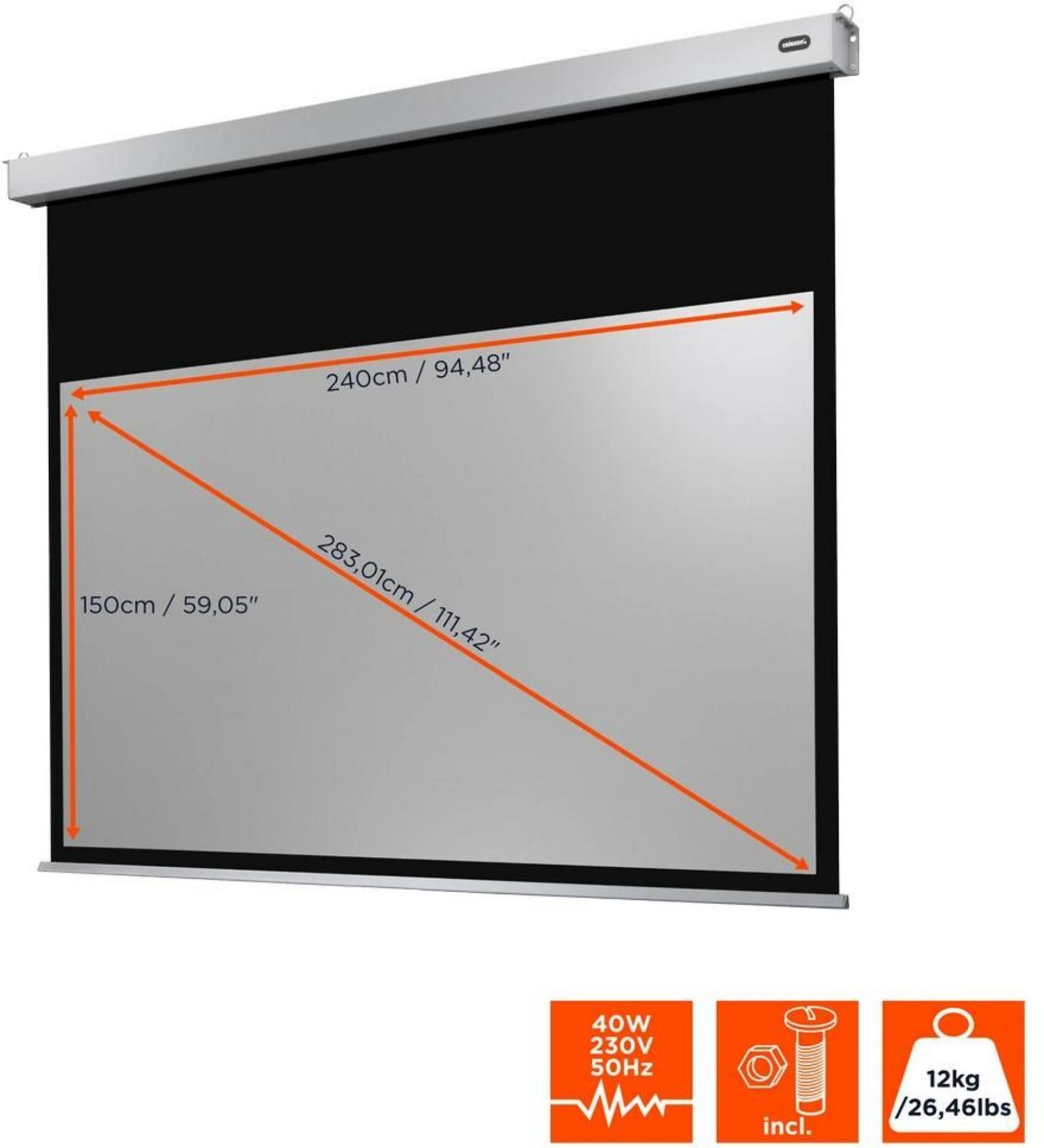 Leinwand mit Maßen 240x150cm, 40W, 230V, 50Hz, inkl. Schrauben, 12kg.