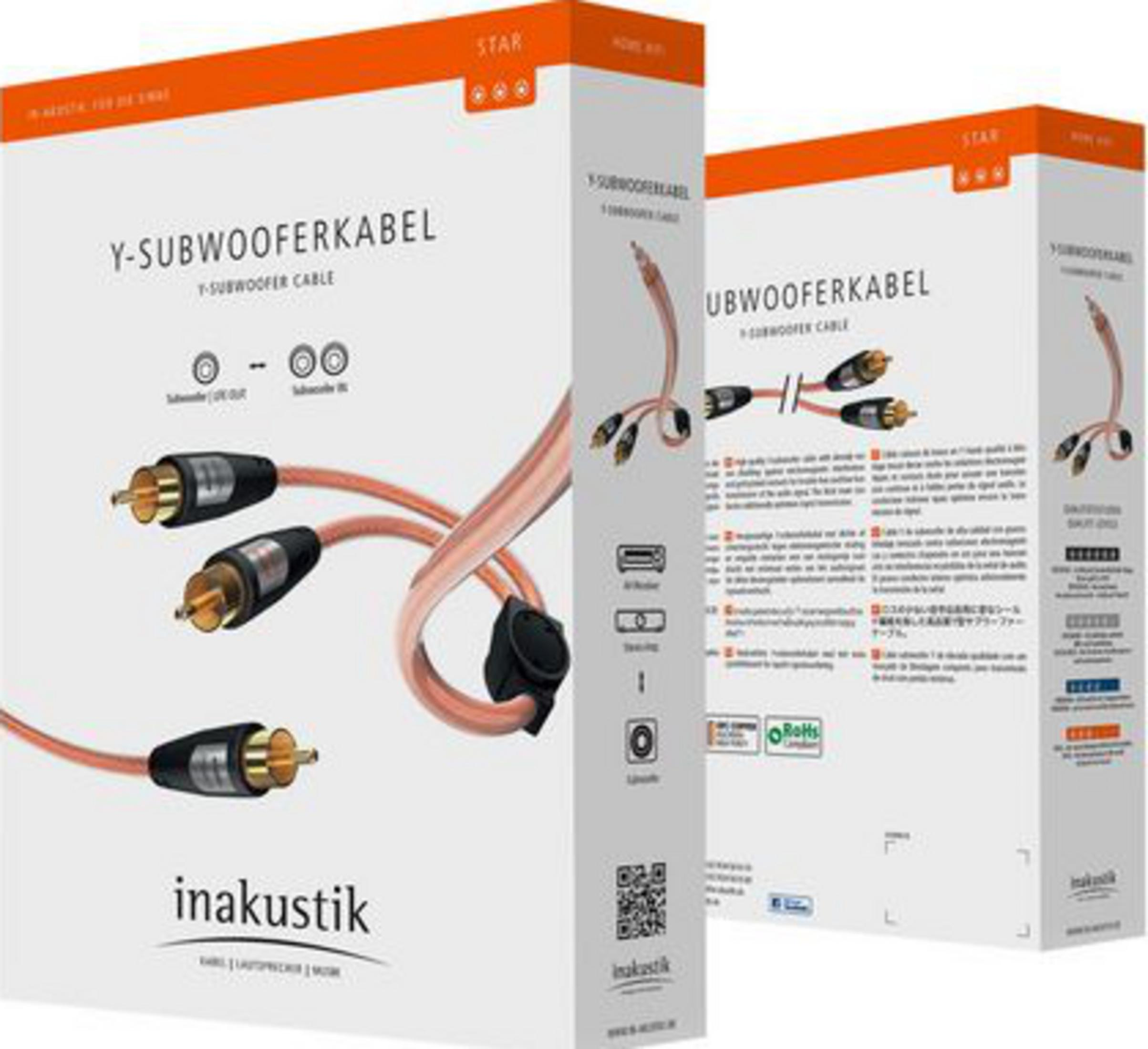 Verpackung mit Y-Subwooferkabel, orangefarben, mit vergoldeten Anschlüssen.