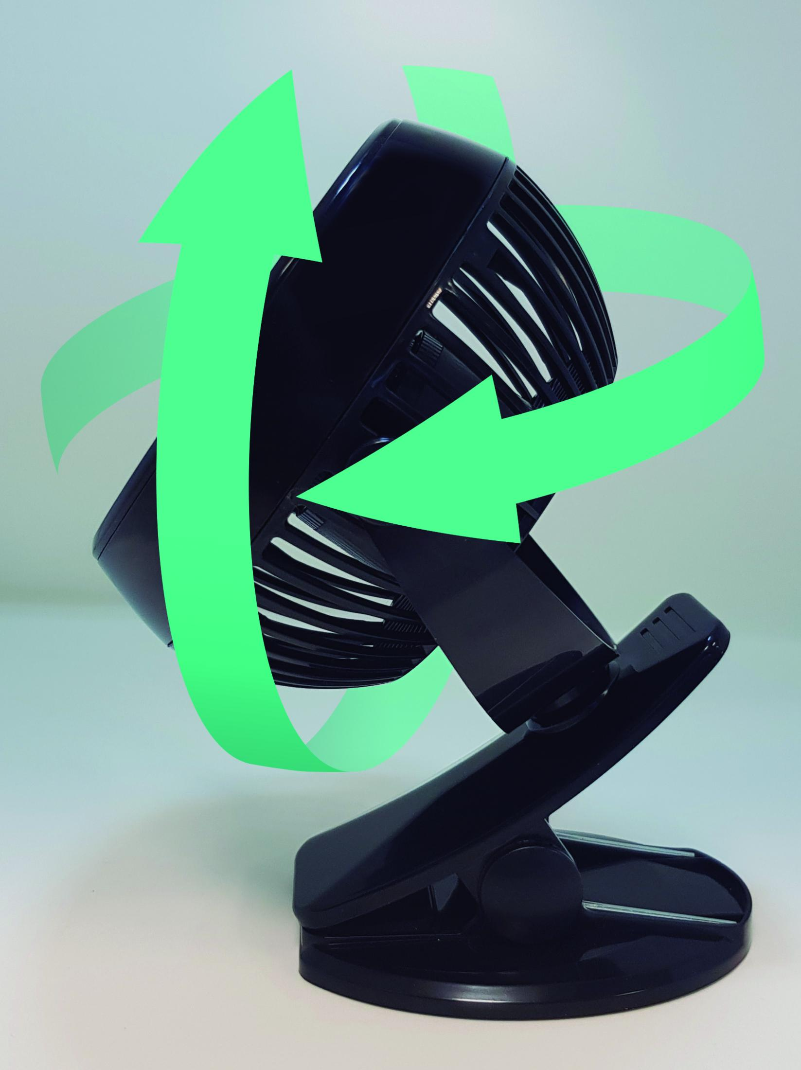 Schwarzer Ventilator mit grünem Pfeil-Symbol, das Bewegung anzeigt.