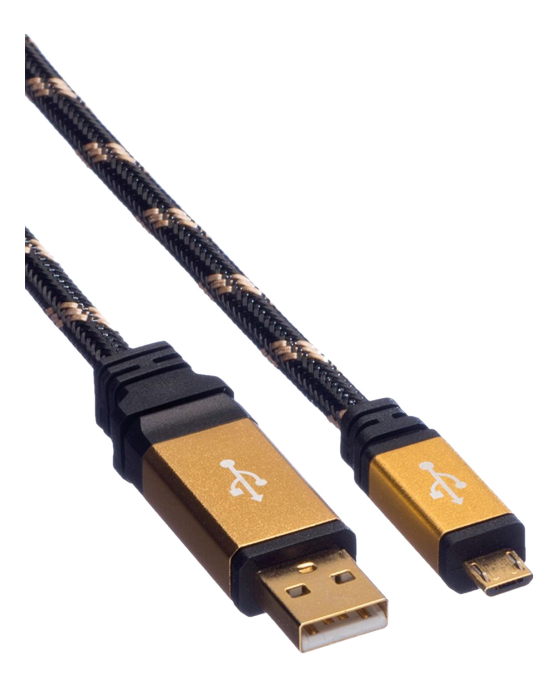 Un cavo da USB-A a Micro-USB con motivo intrecciato nero e oro.