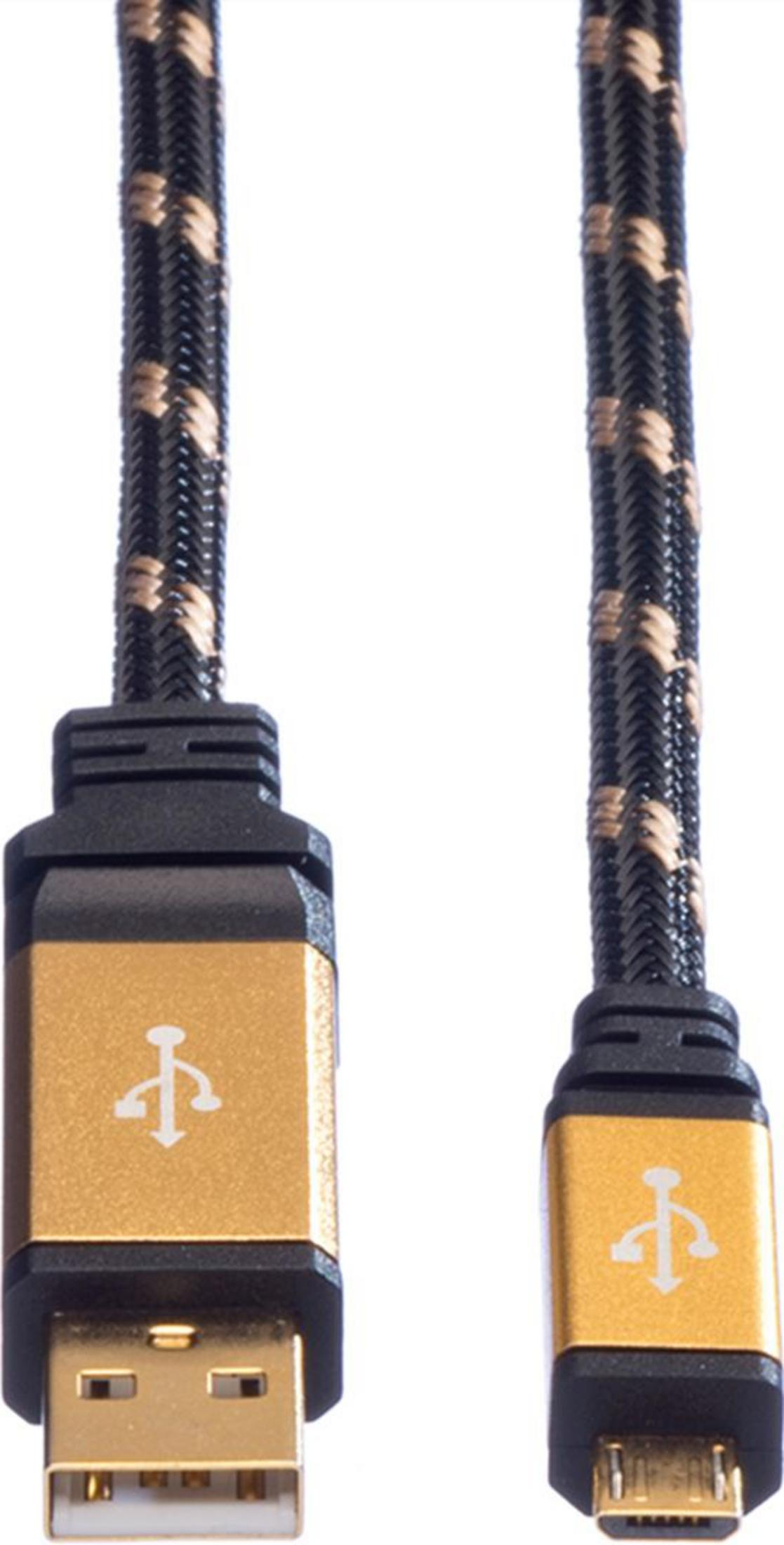 Primo piano di due cavi USB con cordoni intrecciati neri e dorati.