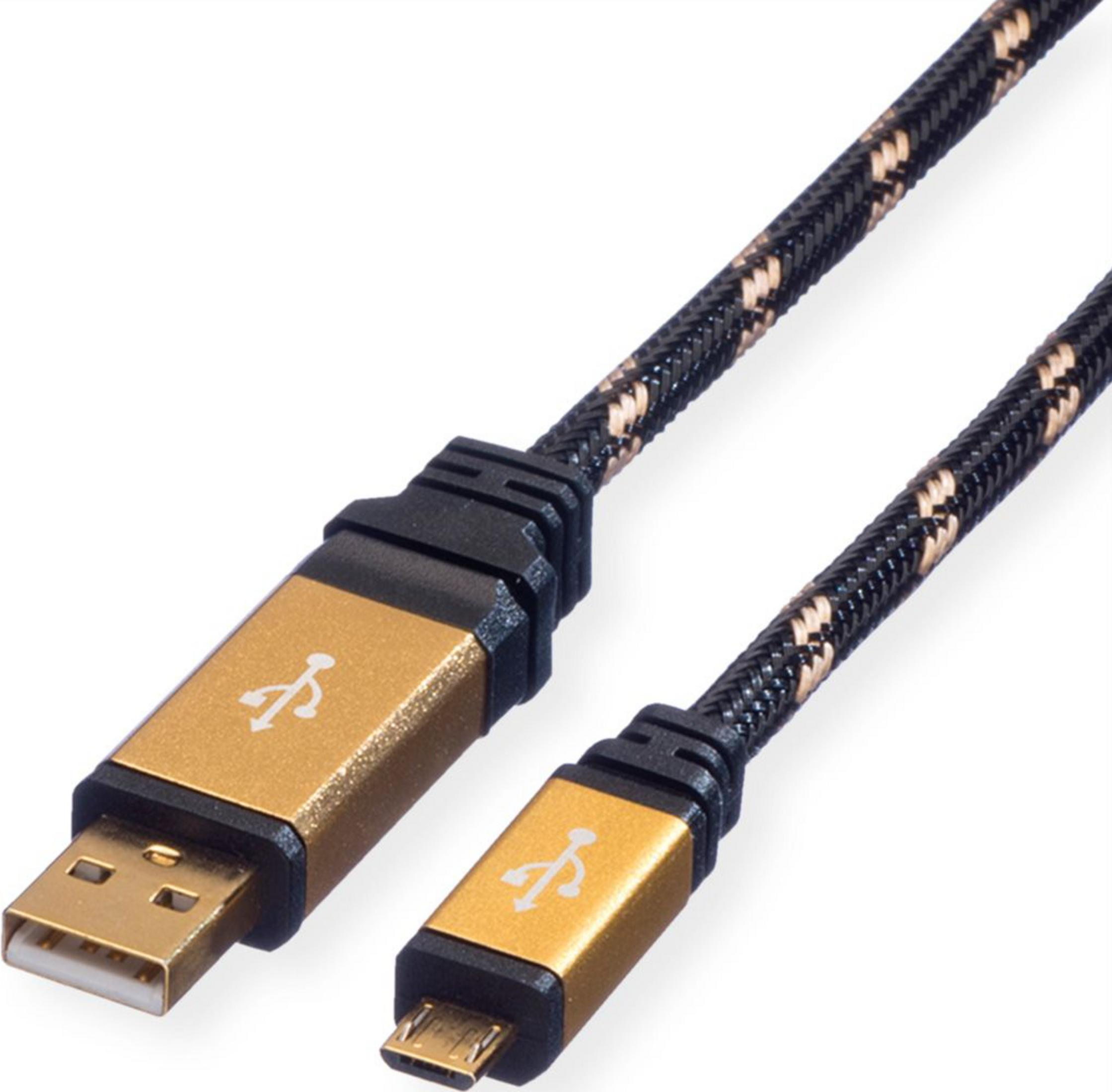 Cavo USB-A a Micro USB dorato con motivo intrecciato nero e oro.