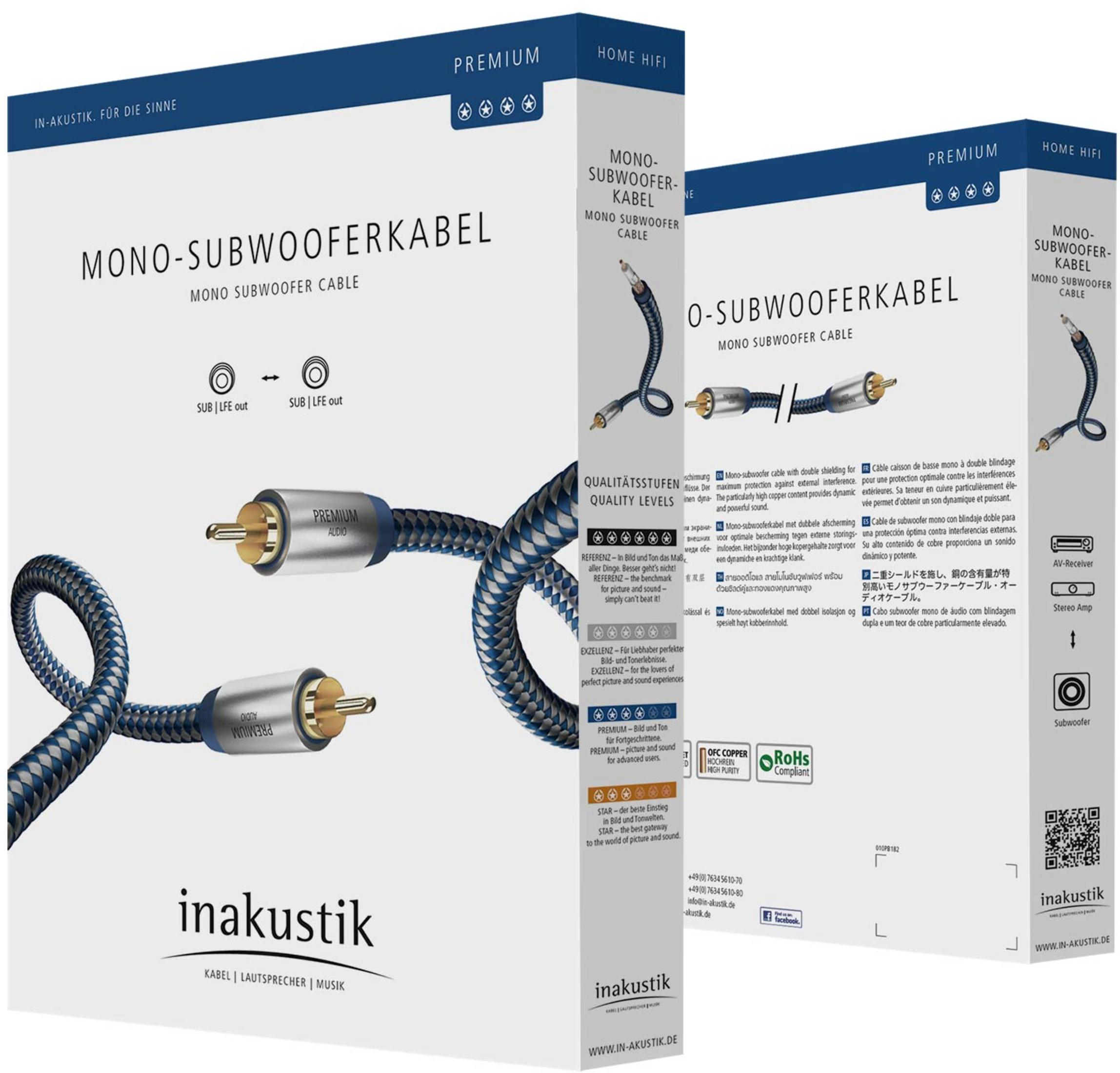 Kabel subwoofer mono Inakustik z wtyczkami RCA, wzór niebiesko-biały.