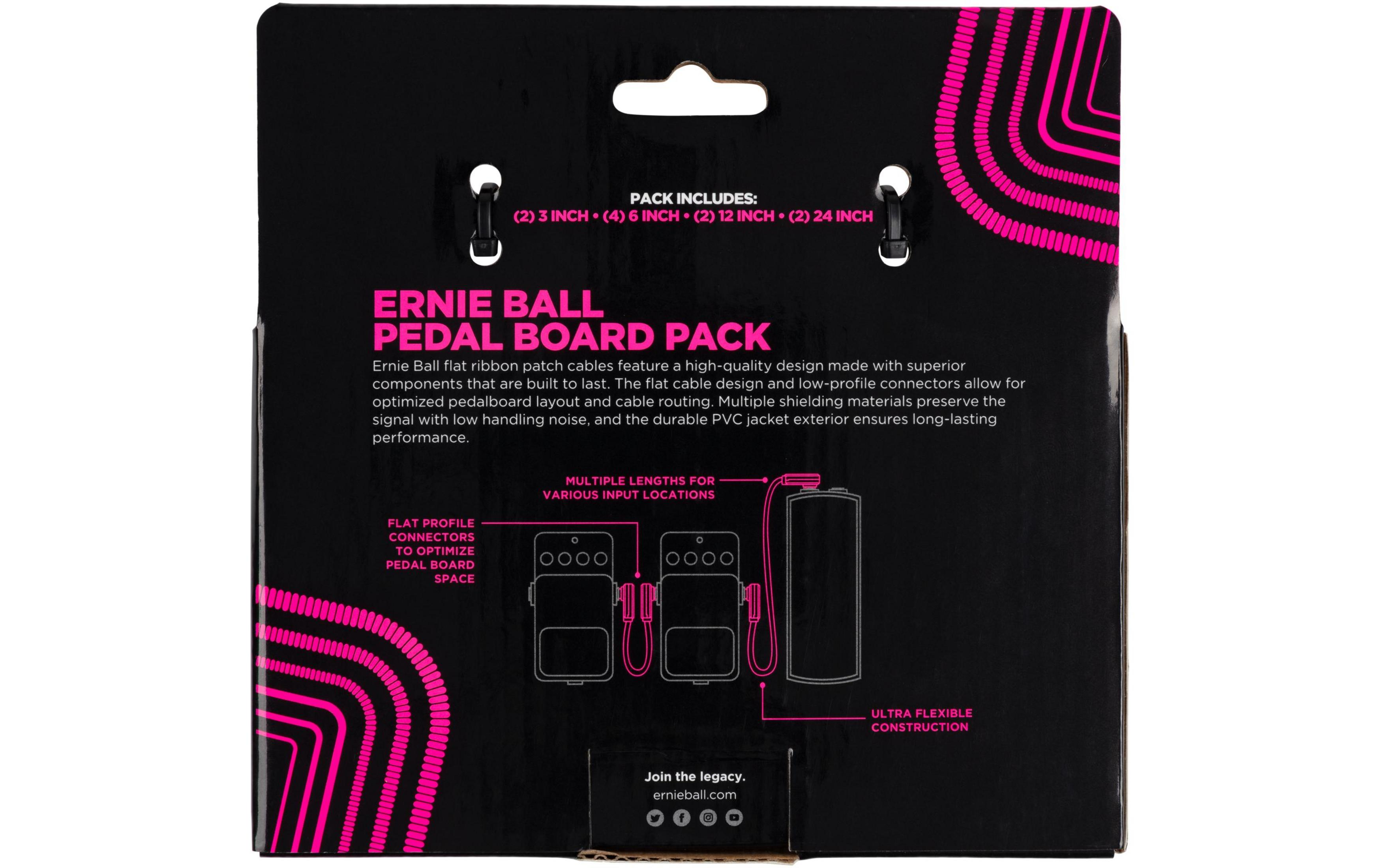 La confezione mostra Ernie Ball Pedal Board Pack con illustrazioni di cavi.